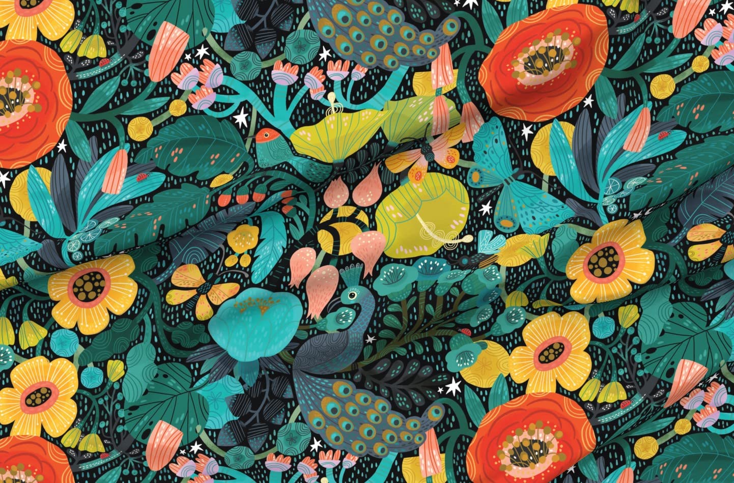 Bohemian Peacock Floral Printed Minky Fabric by The Yard - Exotic Animal & Forest Design for Sewing Baby Blankets, Quilt Backing, Plush Toys - Soft DIY Craft Material for Nursery Decor & Home Projects