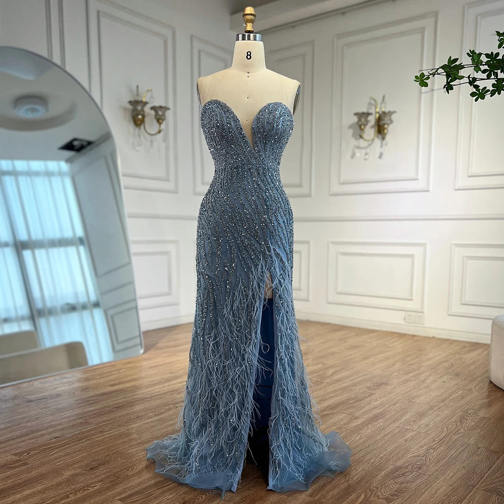 Elegant Blue Feather Beaded Evening Gown with Side Slit - LA72695 | Perfect for Prom, Gala & Formal Events