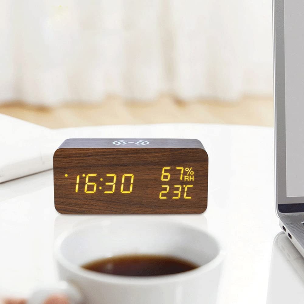 Digital Alarm Clock with Temperature & Humidity Display - Wireless Charger for Smartphones, LED Display, Brown - Perfect for Bedroom, Office, and Travel Use