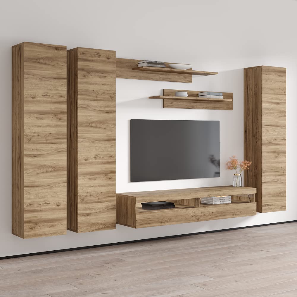 Modern Oak Wall-Mounted TV Stand with Storage Shelves & LED Lights - Floating Entertainment Center Console for Bedroom & Living Room - Space-Saving Furniture for Small Apartments & Home Theater Setup