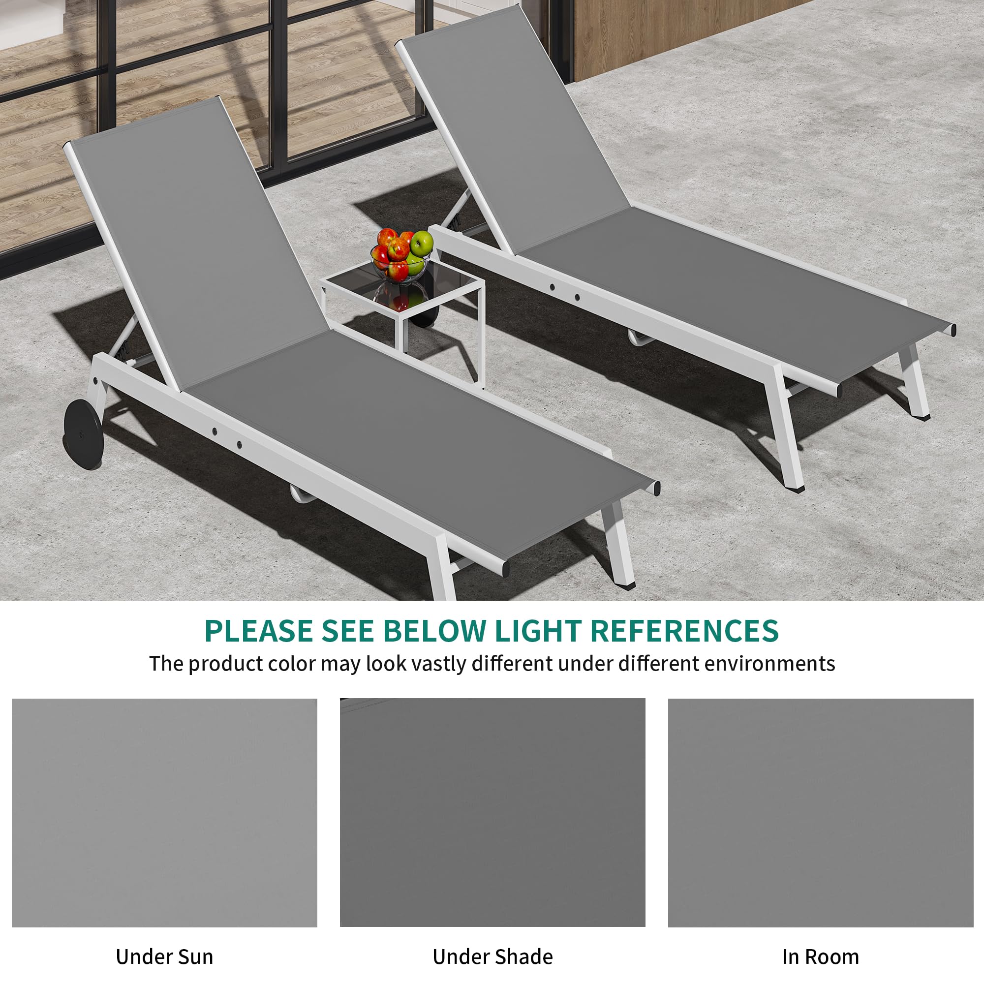 YITAHOME 3-Piece Patio Chaise Lounge Set with Adjustable Backrest & Wheels - Light Grey Outdoor Lounge Chairs with Side Table for Pool, Beach, Patio, Lawn & Porch Relaxation