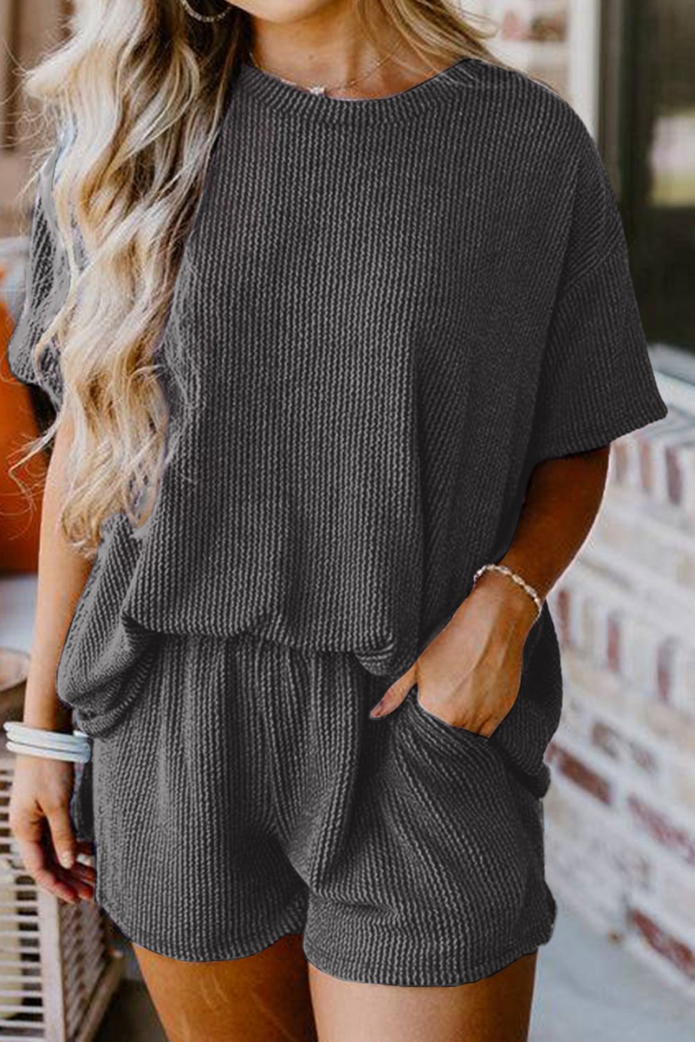 Stylish Textured Round Neck Top and Shorts Set for Women - Trendy Casual Outfit for Summer, Beach, and Everyday Wear