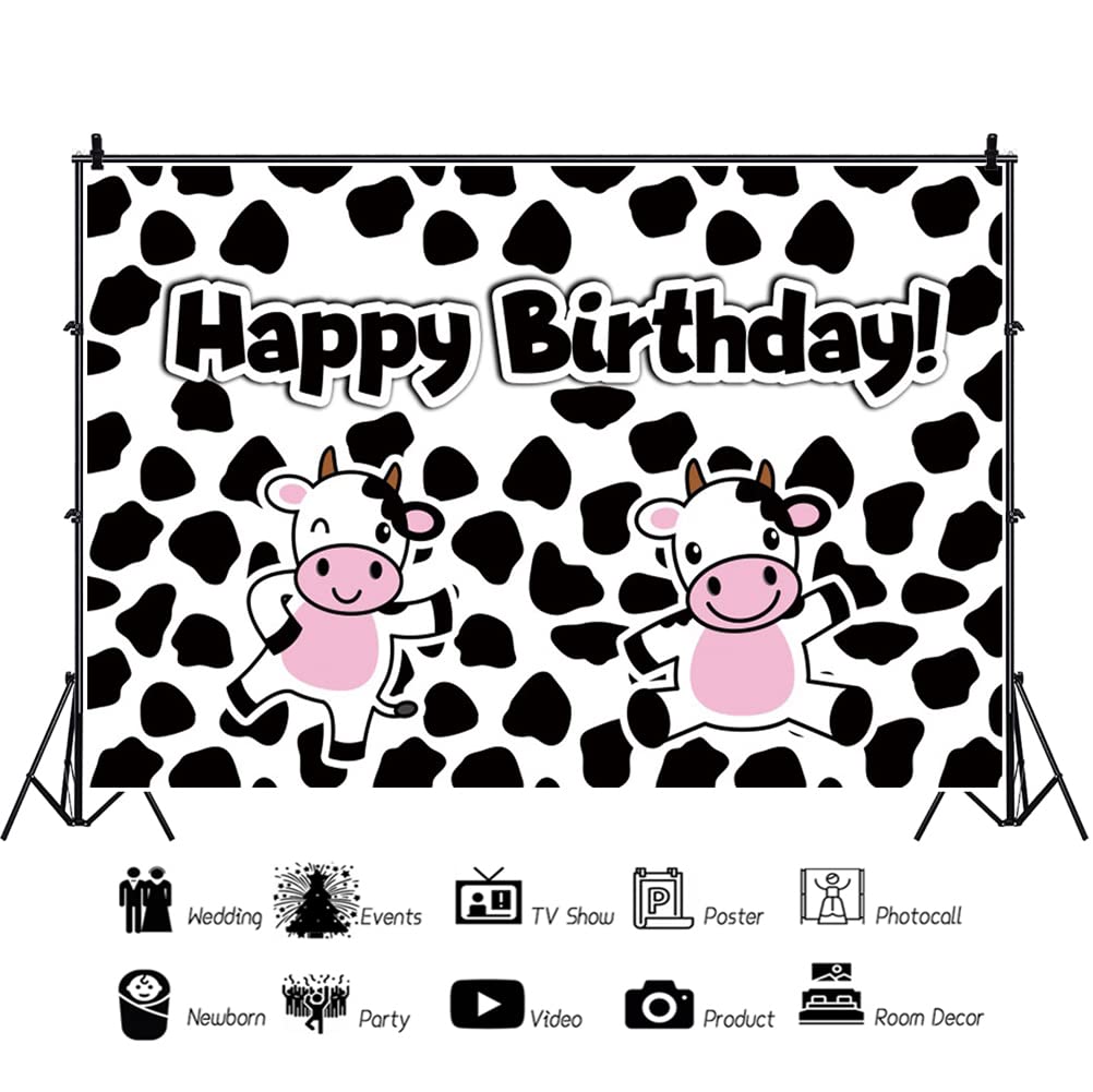 12x8ft Happy Birthday Backdrop - Cute Cartoon Cow Pattern for Kids Birthday Party Decorations | Photography Background for Cake Table, Portrait & Video Shooting | Perfect for Boys & Girls Birthday Celebrations, Studio Props