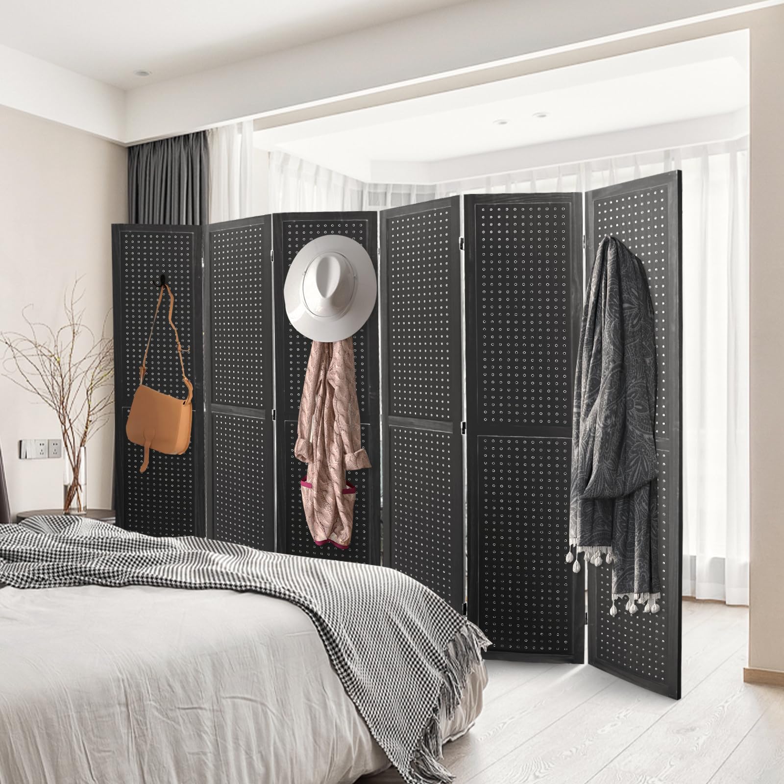 Babion 6 Panel Pegboard Display Stand - Freestanding Folding Room Divider & Privacy Screen for Craft Shows, Trade Shows & Retail Displays - Black Peg Board Organizer for DIY Projects & Home Office Use