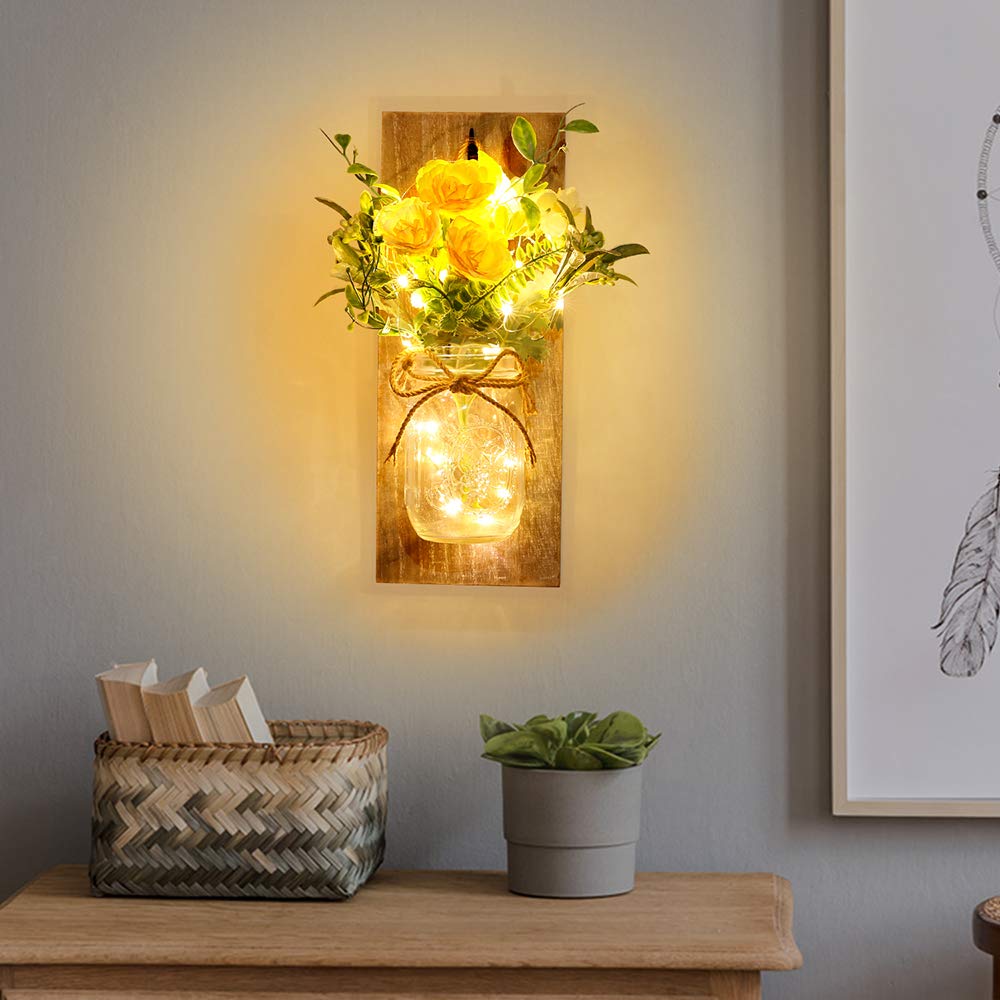 Rustic Farmhouse Mason Jar Wall Sconces with Remote Control - Set of 2 LED Wall Lights with Yellow Rose Decor for Bedroom, Living Room & Kitchen | Perfect for Cozy Home Ambiance and Farmhouse Style Interior Design