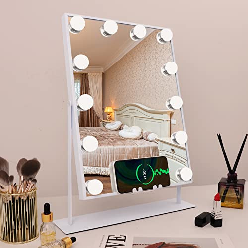 Fenair Bluetooth Vanity Mirror with Lights & Wireless Charging - 12 LED Dimmable Hollywood Makeup Mirror for Home & Travel - Perfect for Makeup Application, Skincare Routine, and Bedroom Decor