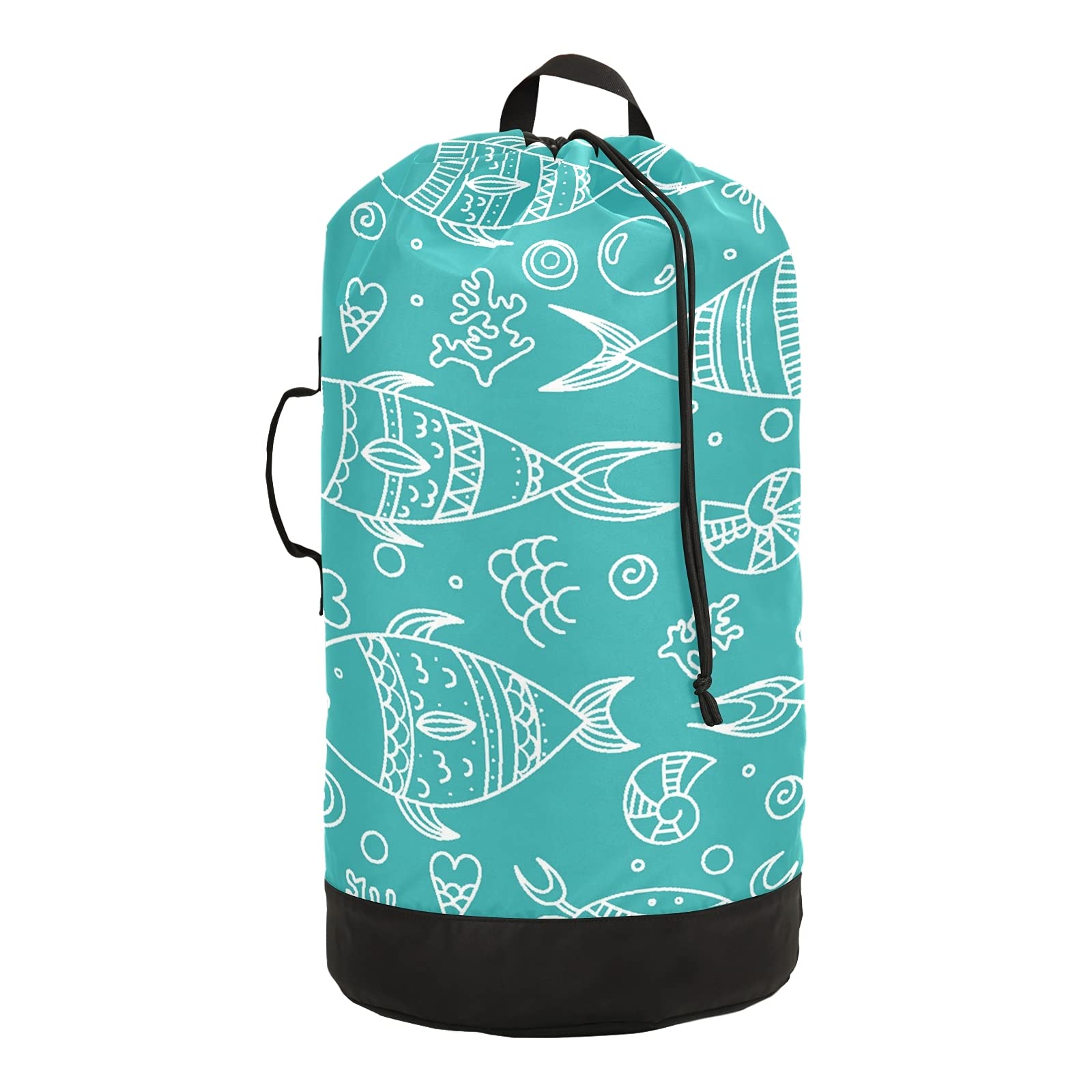 Durable Marine Animal Fish Laundry Backpack with Shoulder Straps & Drawstring Closure - Heavy Duty Travel Laundry Bag for Clothes Organization - Perfect for Home, Dorm, Laundromat & Travel Use
