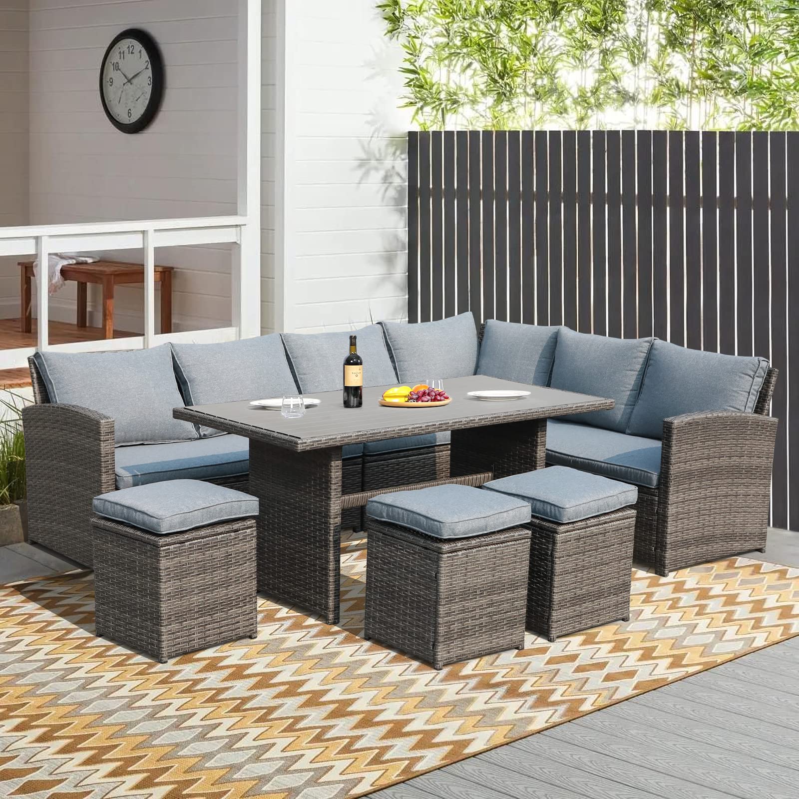Verano 7-Piece Outdoor Patio Furniture Set - All-Weather Wicker Rattan Dining & Conversation Set with Cushions & Ottoman in Gray - Perfect for Garden, Backyard, Poolside & Outdoor Entertaining