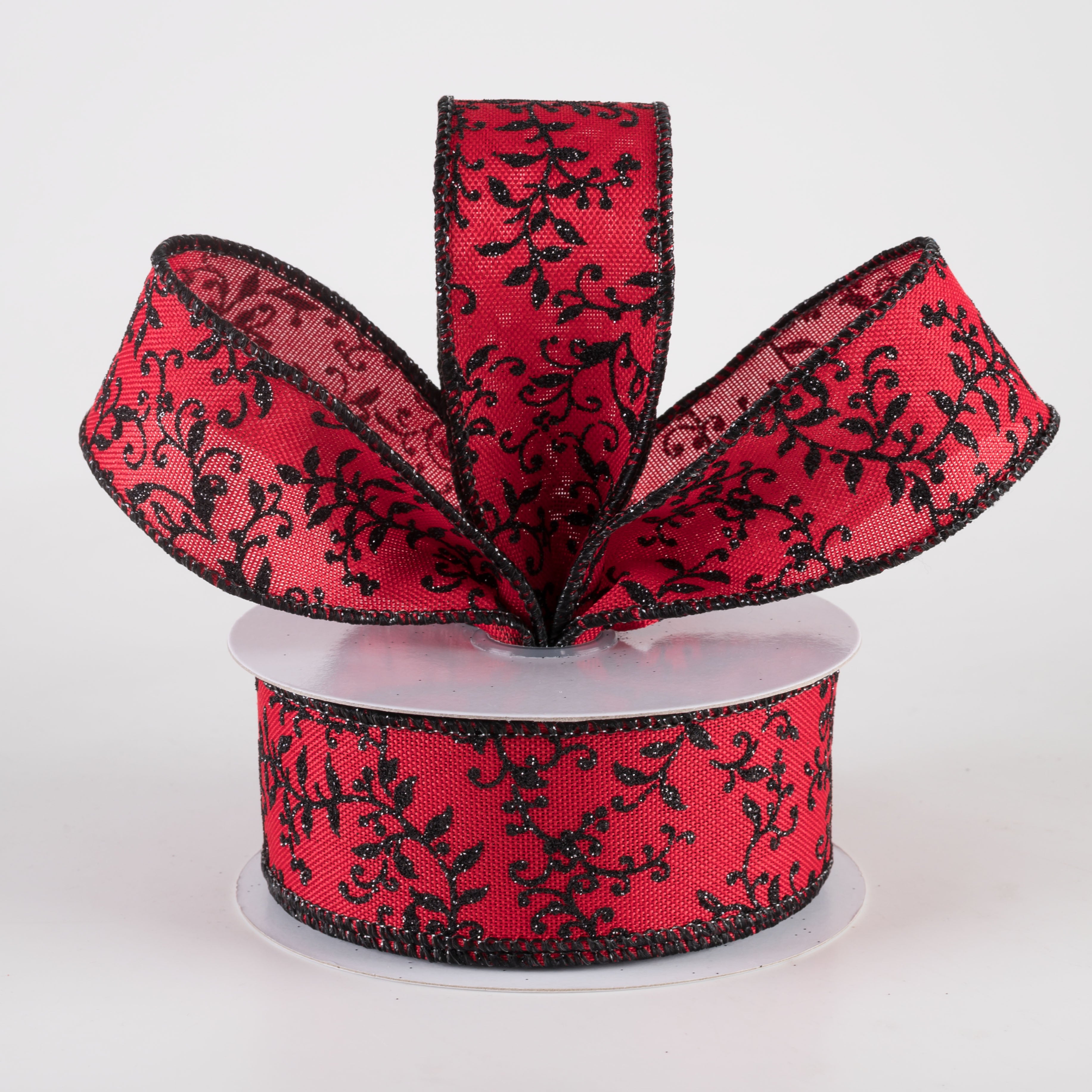 1.5 Inch Glitter Mini Leaf Vines Ribbon - Red & Black Decorative Ribbon (10 Yards) for Christmas Tree Decorations, Gift Wrapping, Wedding Party Decor, DIY Crafts
