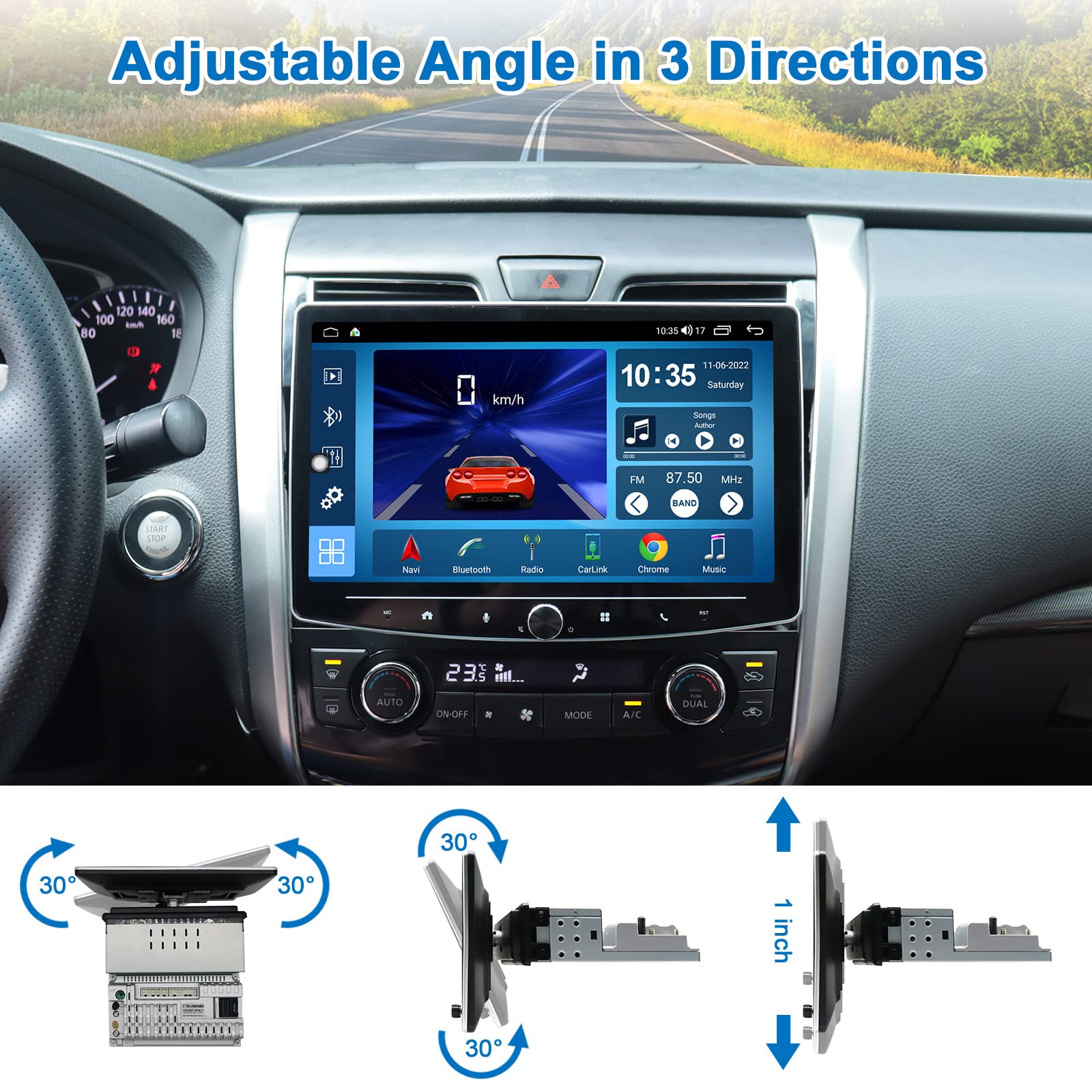 10 Inch Single Din Touchscreen Car Stereo with Wireless CarPlay & Android Auto - Adjustable Android Car Radio with Backup Camera, Bluetooth, AM/FM, WiFi, GPS Navigation, 2+32GB - Perfect for Road Trips & Daily Commuting