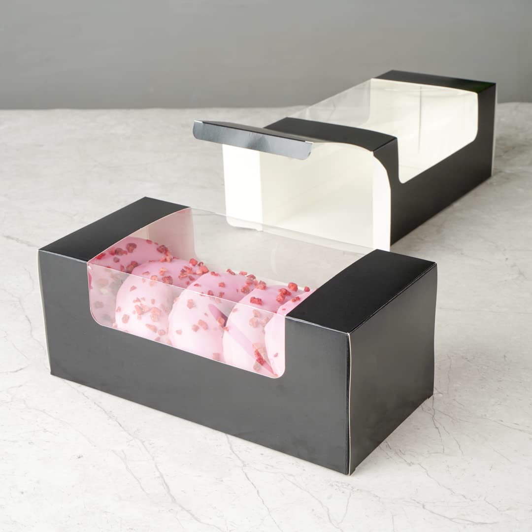 Restaurantware Pastry Tek 9.8 x 4.7 x 3.9 Inch 100-Pack Disposable Donut Boxes with Clear Window | Easy Assembly Black Paper Cookie Packaging for Muffins, Cupcakes & Mini Cakes | Perfect for Bakeries, Cafés & Catering Events