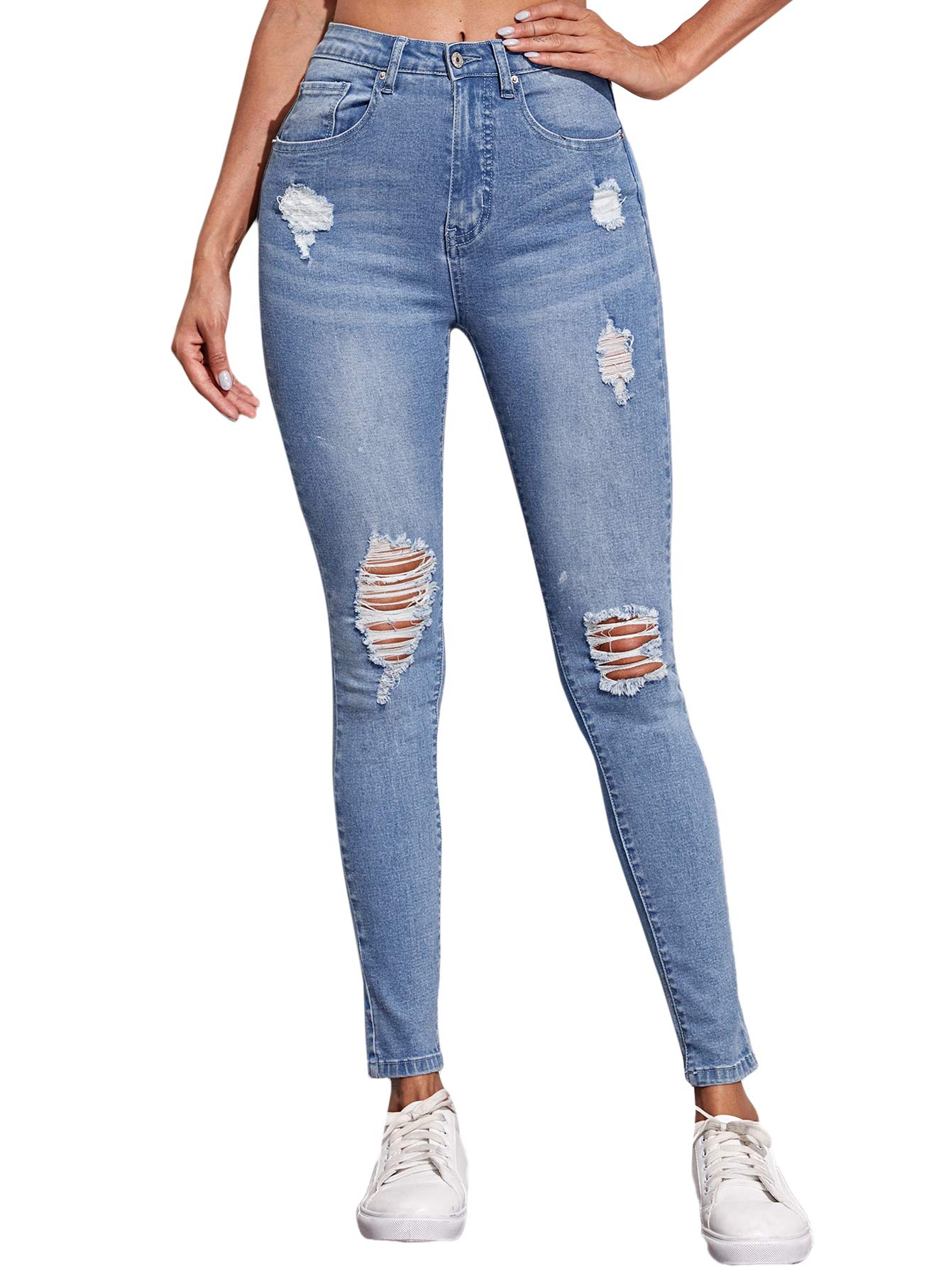 Floerns Women's Ripped Cuffed Hem Skinny Jeans - Stretch Denim Pants for Casual Wear, Street Style & Everyday Outfits