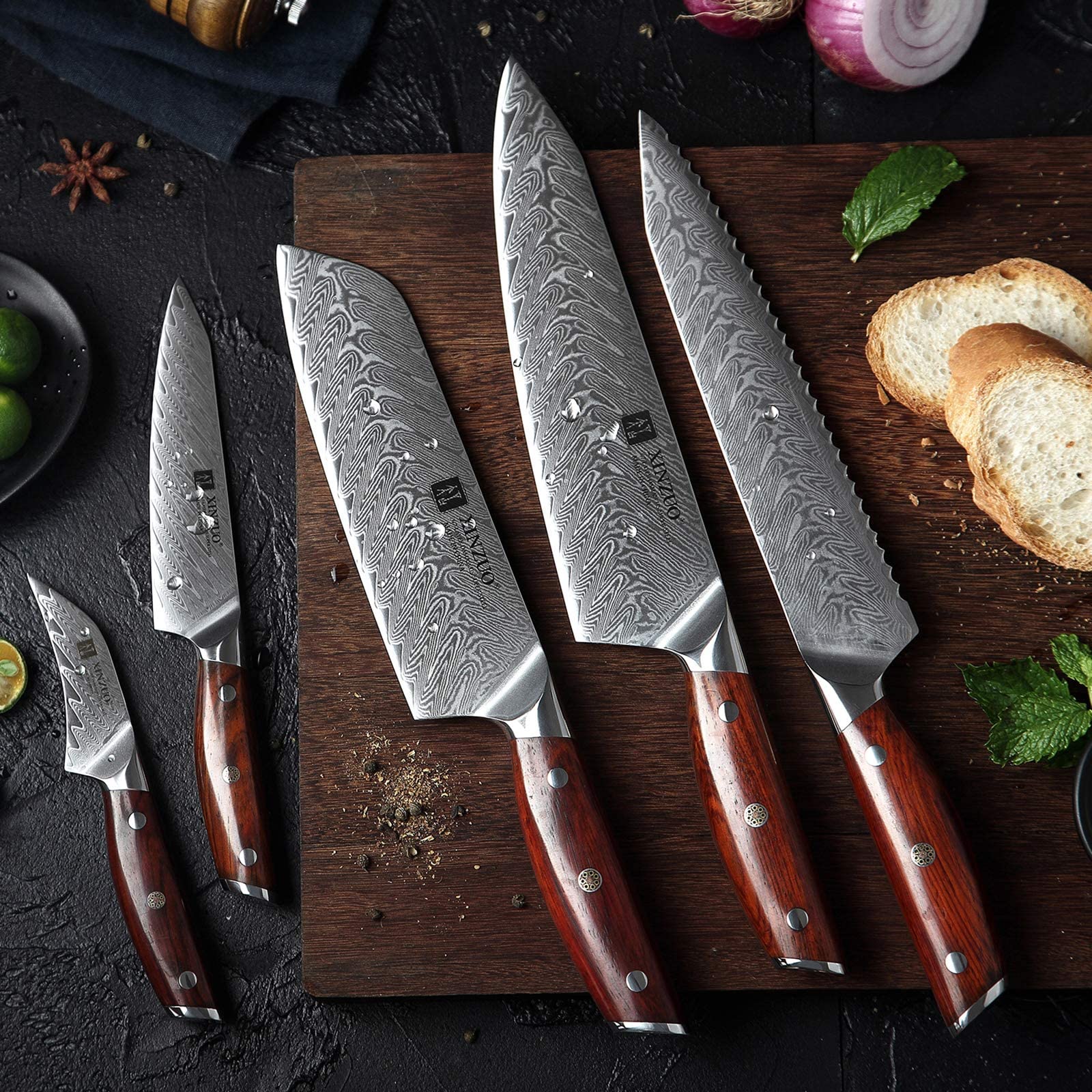 XINZUO 5-Piece Damascus Steel Knife Set - Professional Ultra Sharp Kitchen Knives with Natural Rosewood Handles - Perfect Chef Gift Box for Home Cooking & Professional Kitchens