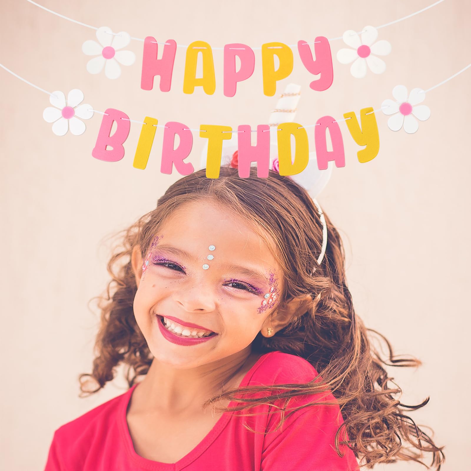 Pastel Happy Birthday Banner - Felt Birthday Banner with Flower Garland for Rainbow Birthday Party Decorations, Cute Pre-Strung Banner for Baby Shower, Bridal Shower & Kids Birthday Party Decor