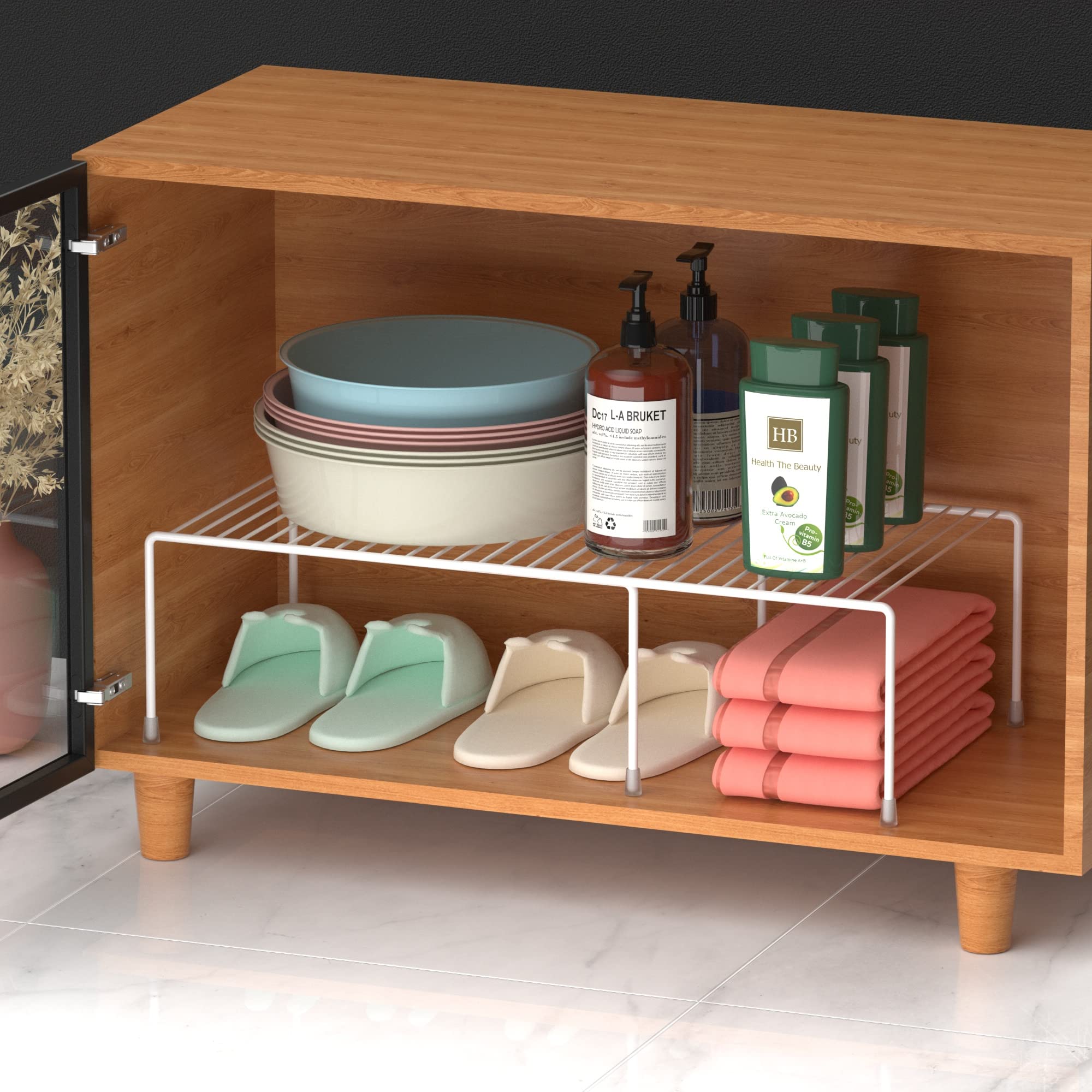 ARCCI Expandable Wire Shelf Rack Set of 2 - Adjustable Kitchen Cabinet Organizer, Plate Wire Shelf for Kitchen, Bathroom, Pantry, Closet, White