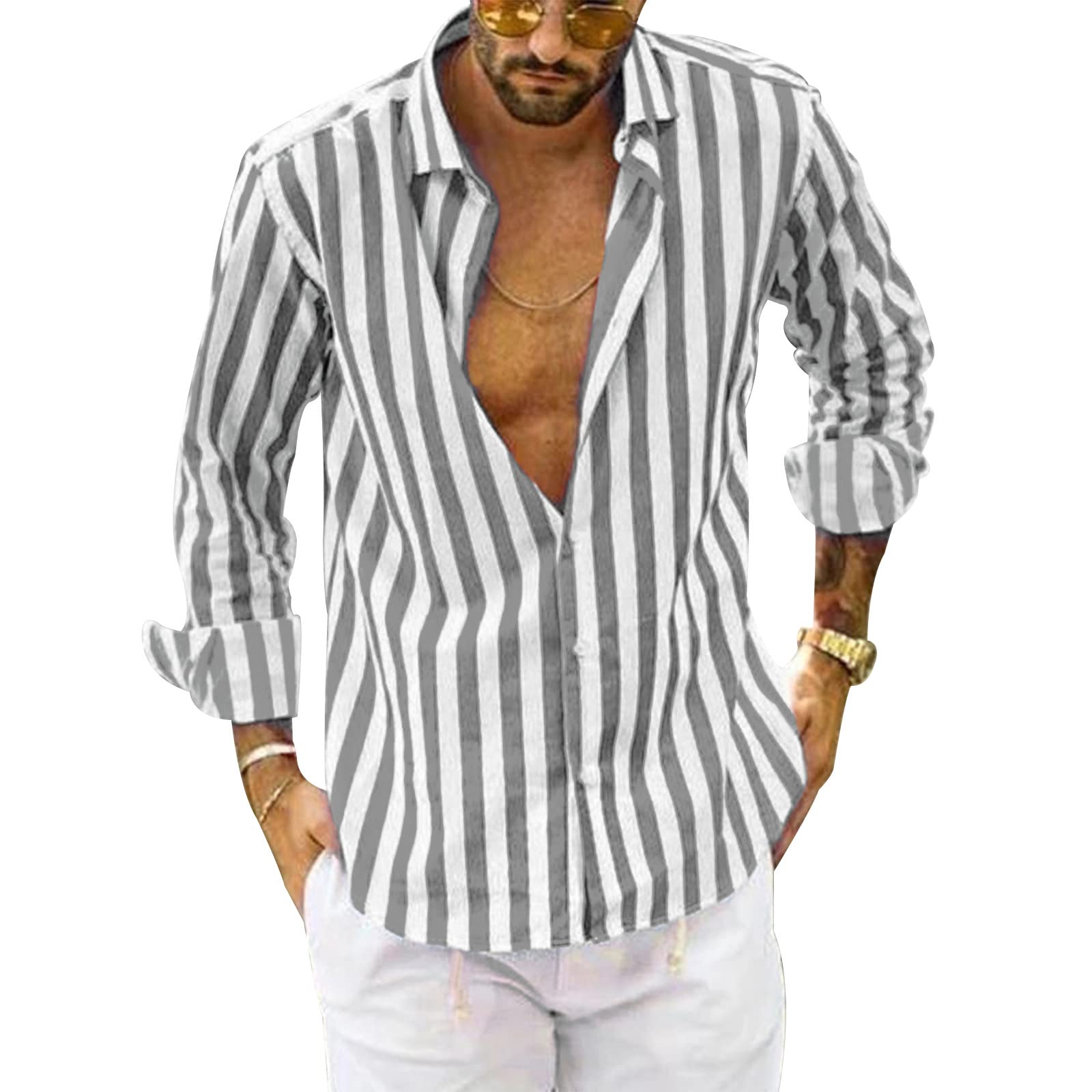 Men's Striped Cotton Long Sleeve Button Down Henley Shirt - Casual Beachwear & Dress Shirt for Outdoor Activities, Date Night and Office Wear