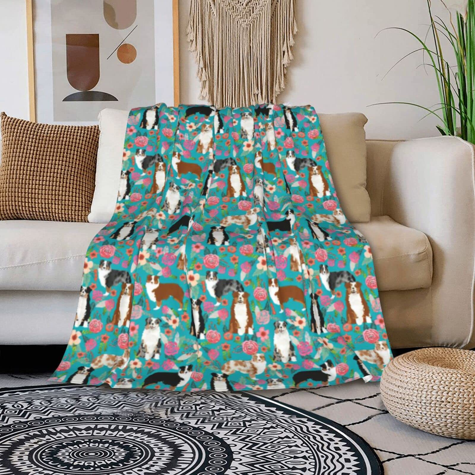 Australian Shepherd Dogs Floral Throw Blanket | Ultra Soft Micro Fleece Blanket for Bed, Couch & Living Room | Cozy Home Decor for Adults & Pet Lovers | Perfect for Reading Nooks, Movie Nights & Cuddling with Pets