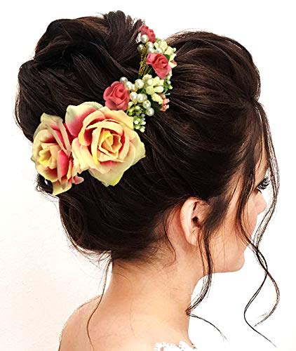 Elegant Rose & Pearl Gajra Hair Pin for Women - Vintage Hair Bun Accessories for Girls (Peach) | Perfect for Weddings, Parties & Special Occasions