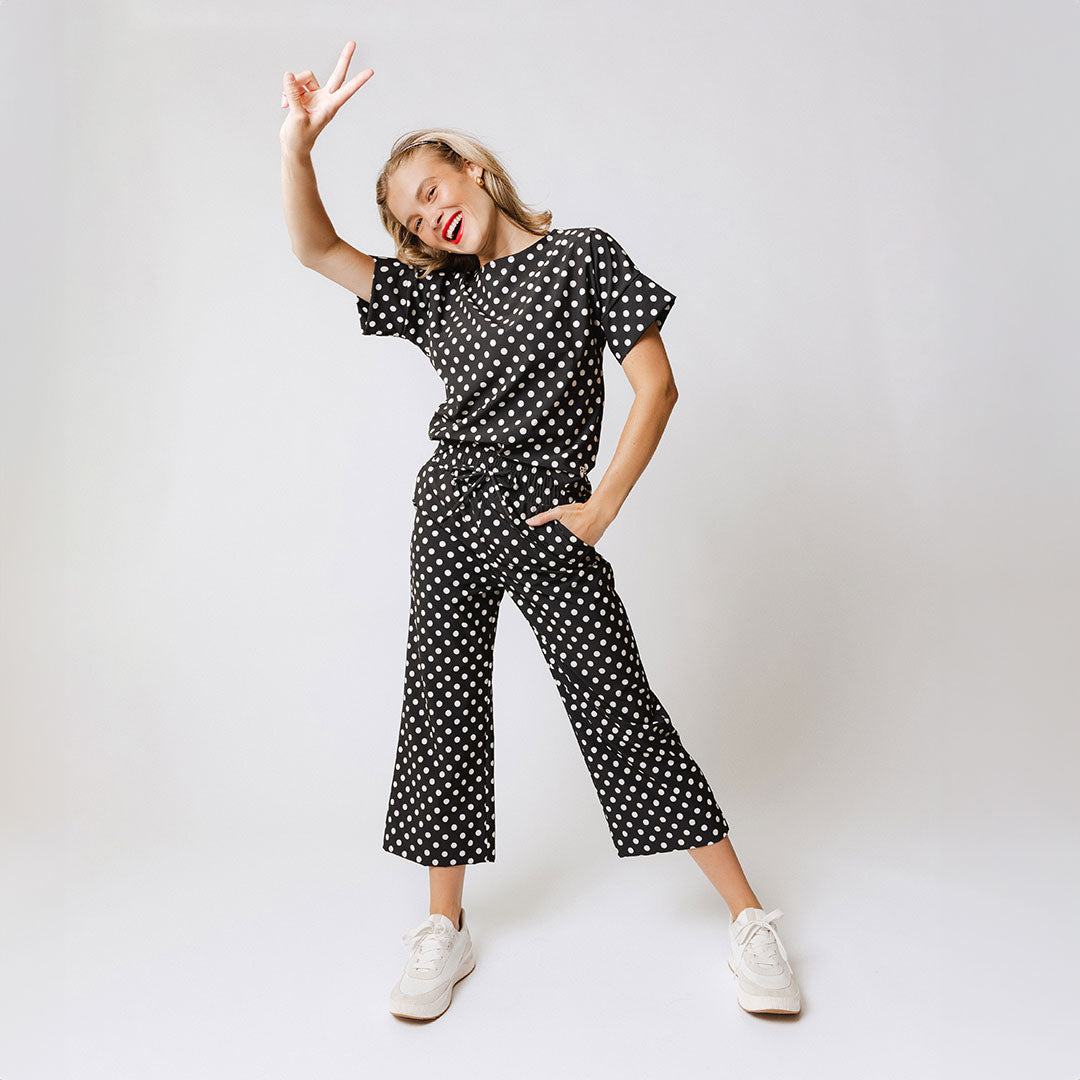 Audrey Wide Leg Pants for Women - Black Polka Dot High Waisted Palazzo Trousers | Office Wear, Casual Outfits & Summer Fashion