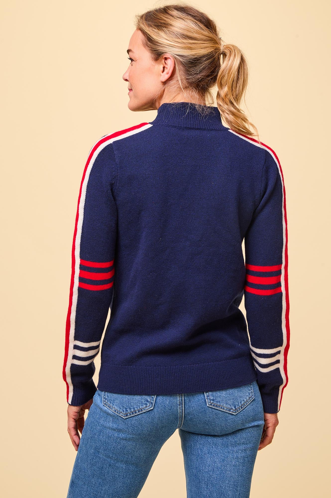 Merino Wool Striped Hearts Quarter Zip Sweater - Navy, Cream, Red | Cozy Winter Pullover for Women & Men | Perfect for Casual Outfits, Outdoor Activities & Layering