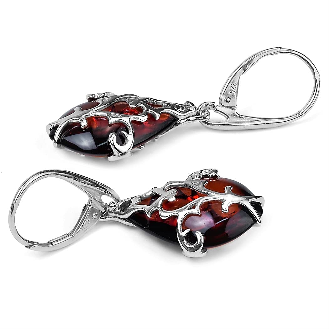Ian & Valeri Co. Sterling Silver Cherry Amber Drop Leverback Earrings for Women - Elegant Dangle Earrings for Parties, Weddings & Everyday Wear