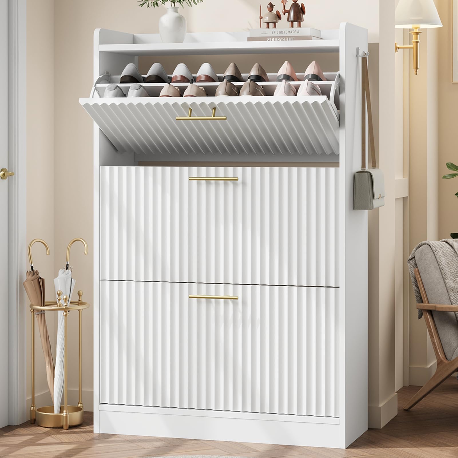 Modern Fluted Shoe Storage Cabinet with 3 Flip Drawers - Large Free Standing Shoe Organizer for Entryway, Foyer & Hallway - Hidden Shoe Rack for Home Organization (White) | Perfect for Small Spaces & Clutter-Free Living