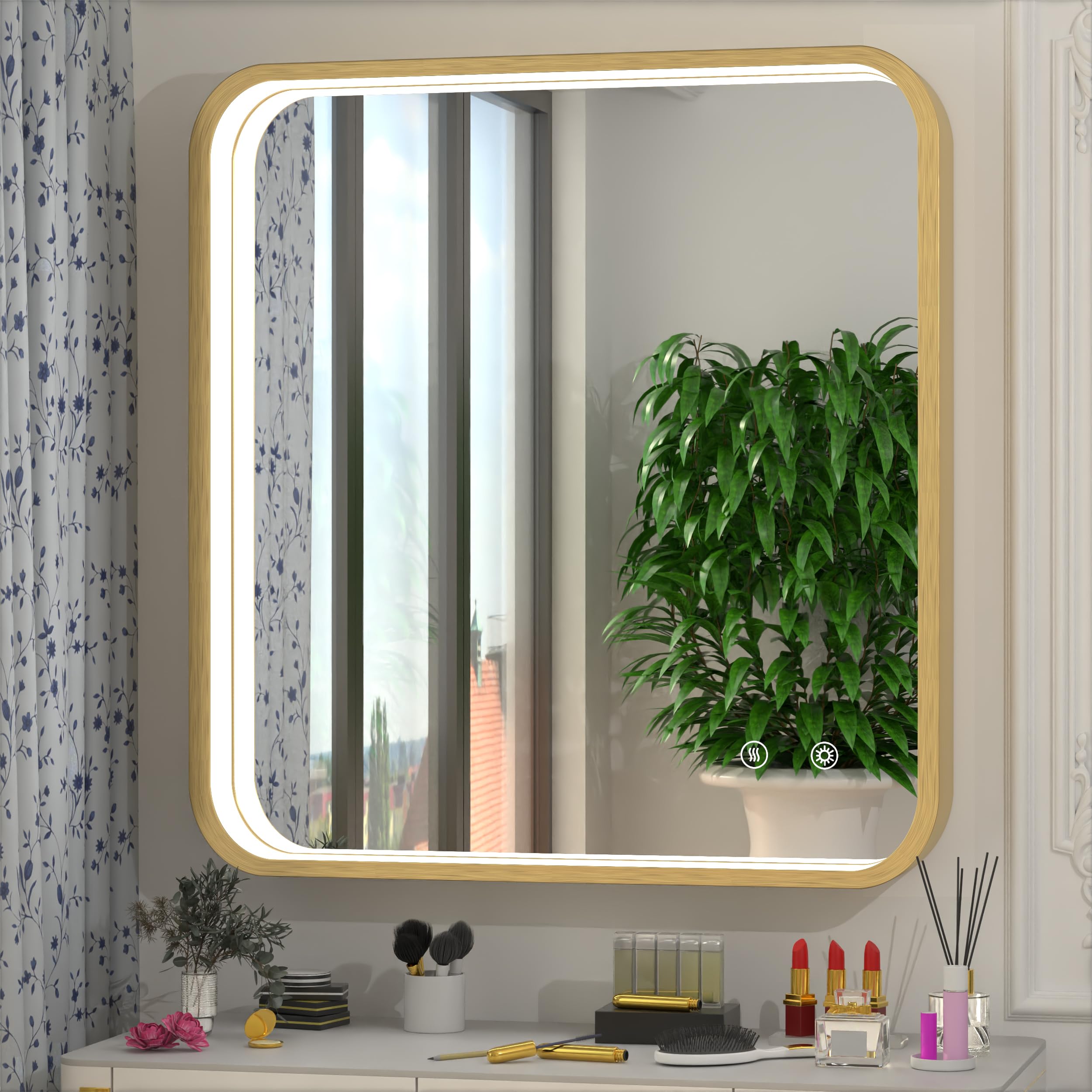 32x32 Inch Gold LED Bathroom Mirror with Anti-Fog & Dimmable Lights - Framed Vanity Mirror for Wall Mounting (Horizontal/Vertical) - Perfect for Makeup, Shaving & Home Decor