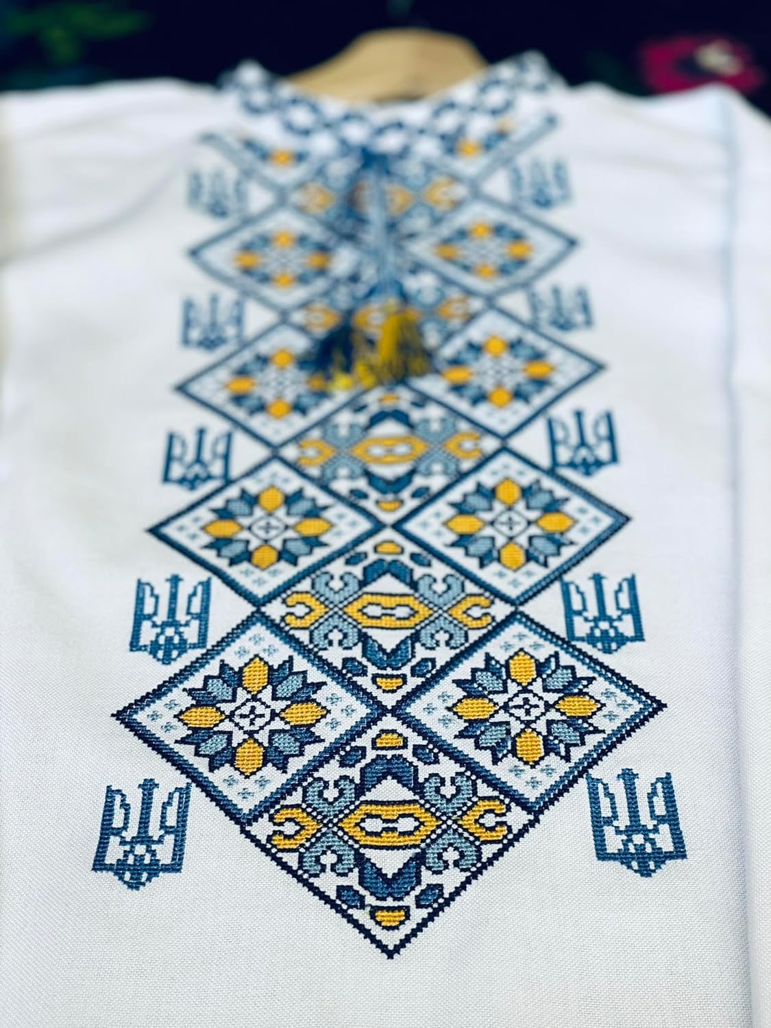 Authentic Ukrainian Vyshyvanka Embroidered Shirt for Men & Women | Yellow & Blue Traditional Trident Design | Unisex Folk Clothing | Family Matching Outfits | Sizes XXS-7XL | Perfect for Cultural Events, Weddings & Ethnic Festivals