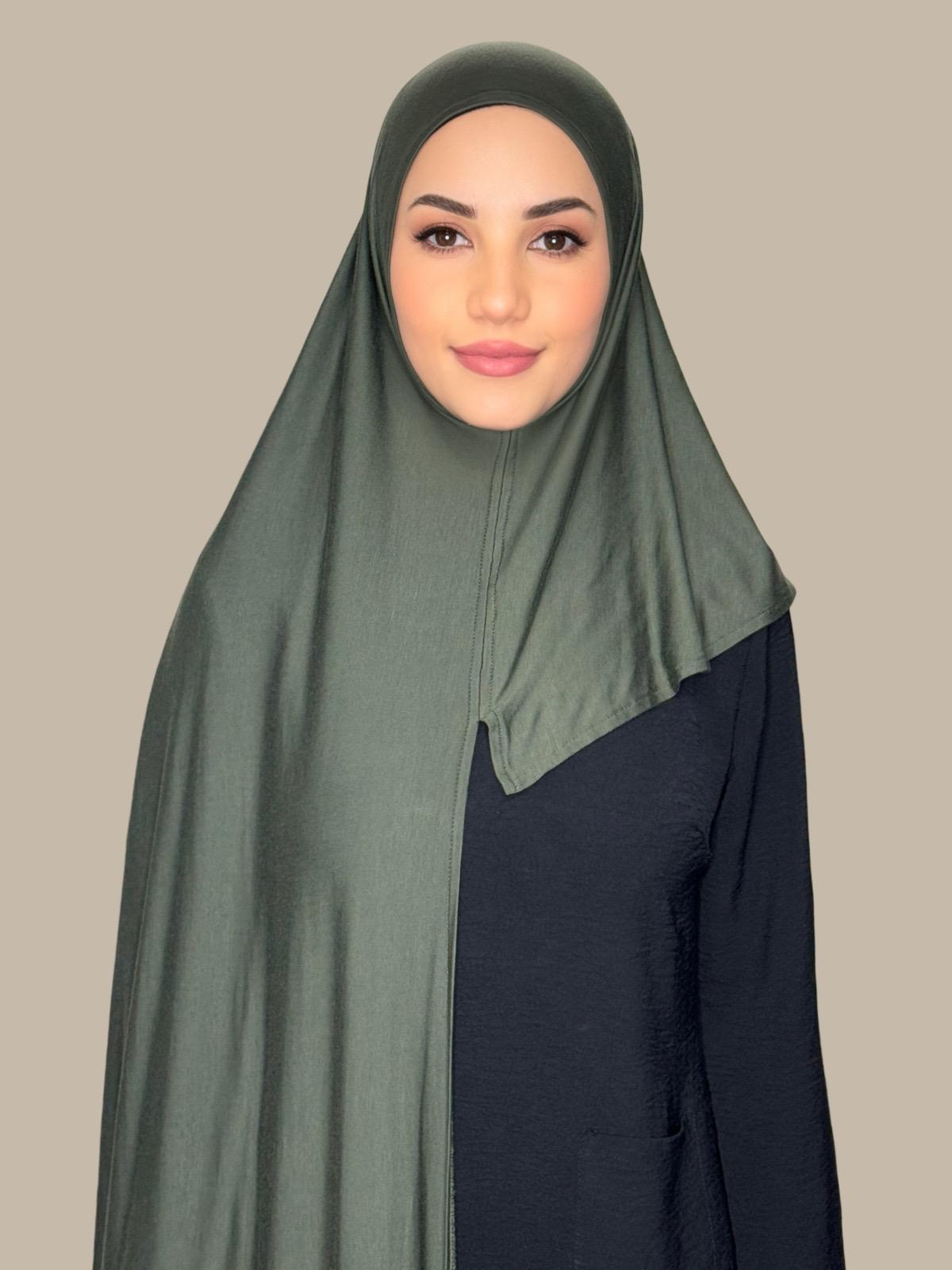 Pre-Sewn Jersey Hijab in Army Green - Soft & Comfortable Muslim Headscarf for Everyday Wear, Work, and Prayer