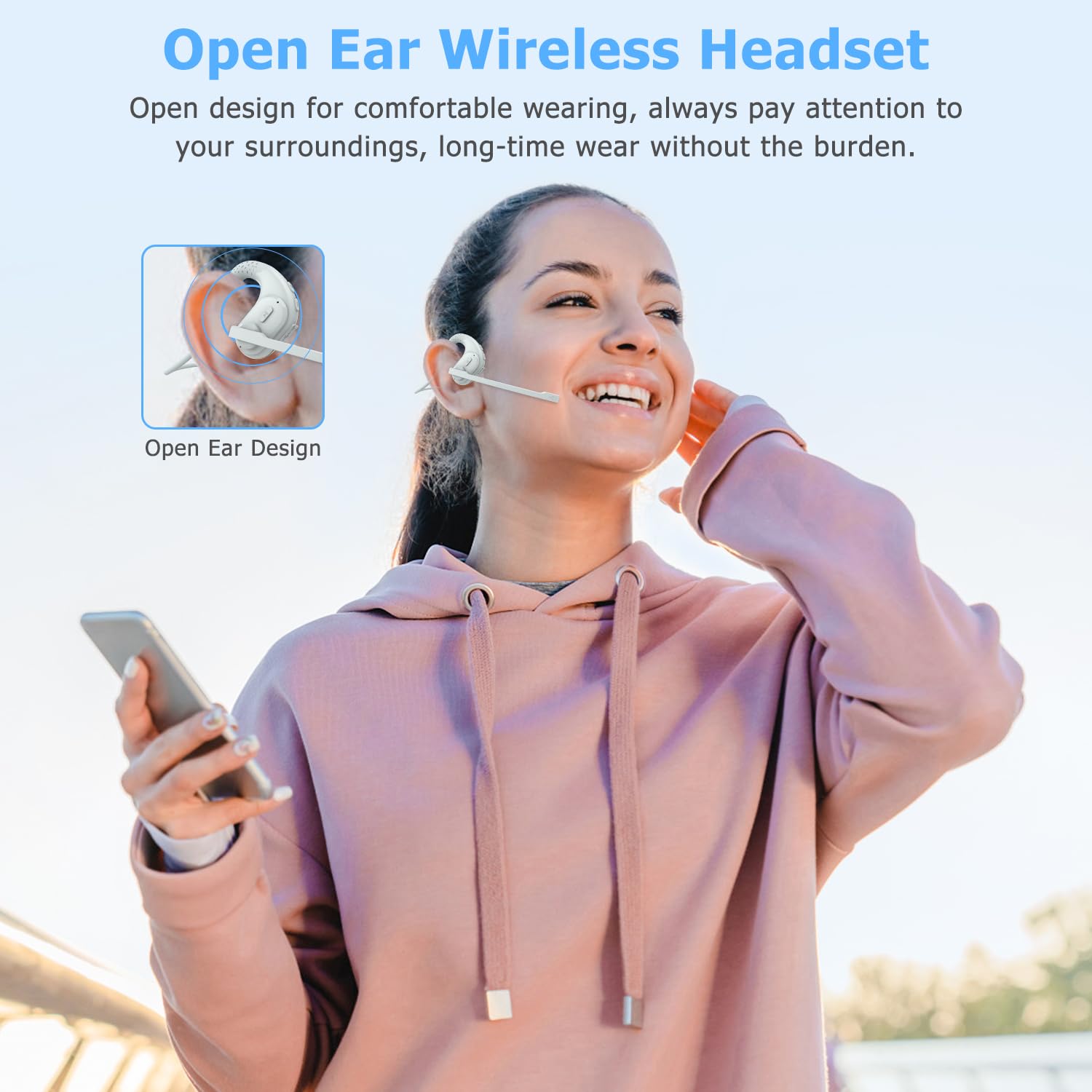 Friencity Bluetooth Headset with Magnetic Boom Mic - Wireless Headphones with DSP Noise Cancellation for iPhone, Android, PC & Laptop - Open Ear Earbuds for Running, Driving, Home Office & Gaming - 12H Battery Life, Comfortable & Secure Fit