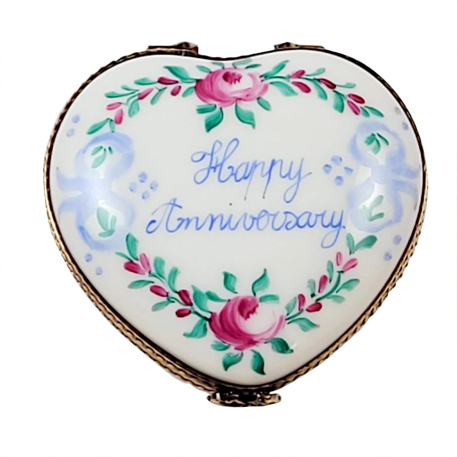 Rochard Happy Anniversary Rose Heart Limoges Porcelain Jewelry Box - Romantic Gift for Wedding, Valentine's Day & Special Occasions