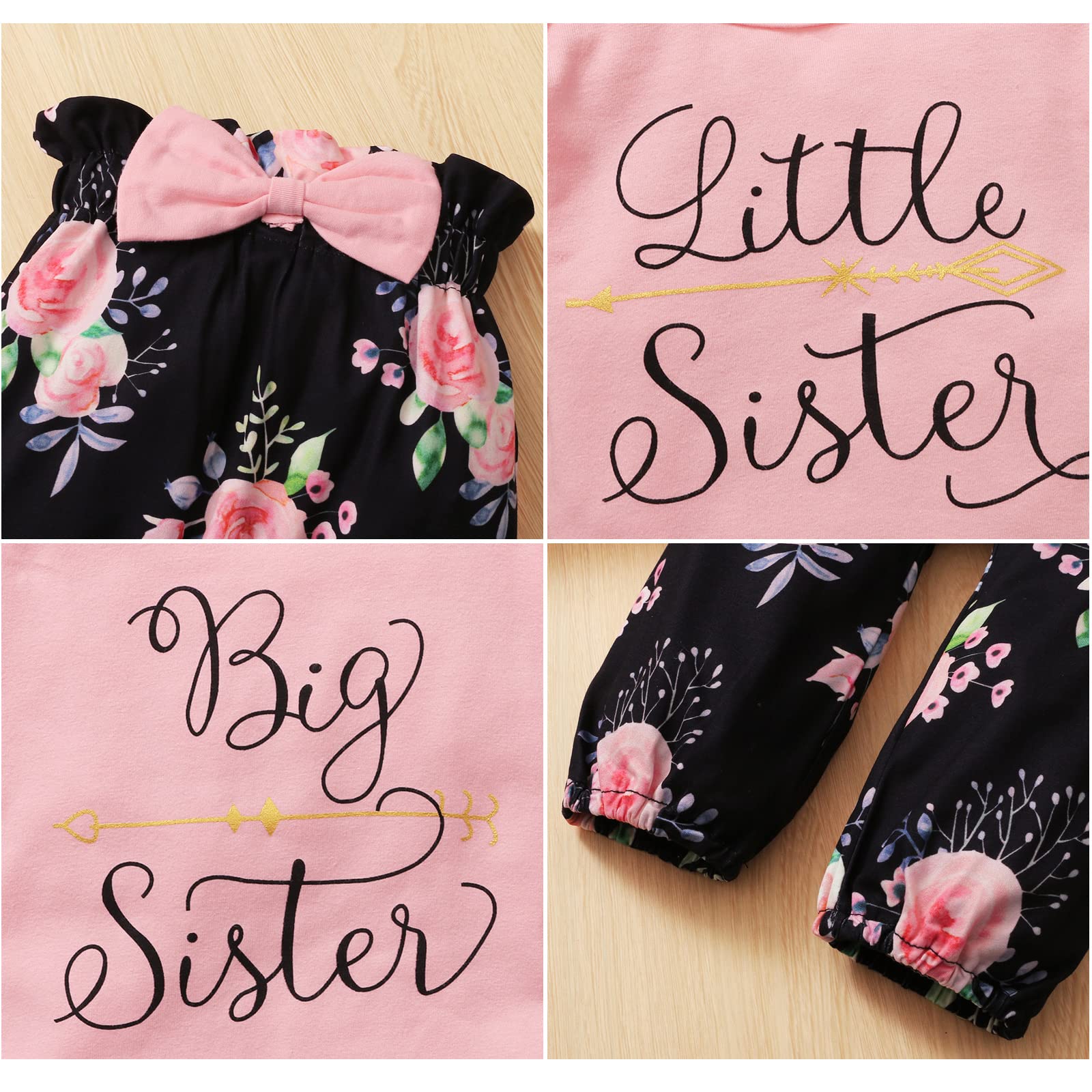 AMAWMW Big Sister Little Sister Matching Outfits - Toddler & Newborn Baby Girl Clothes Set with Ruffle Romper, Floral Pants & Headband (3Pcs) - Perfect for Family Photos, Sibling Bonding & Special Occasions