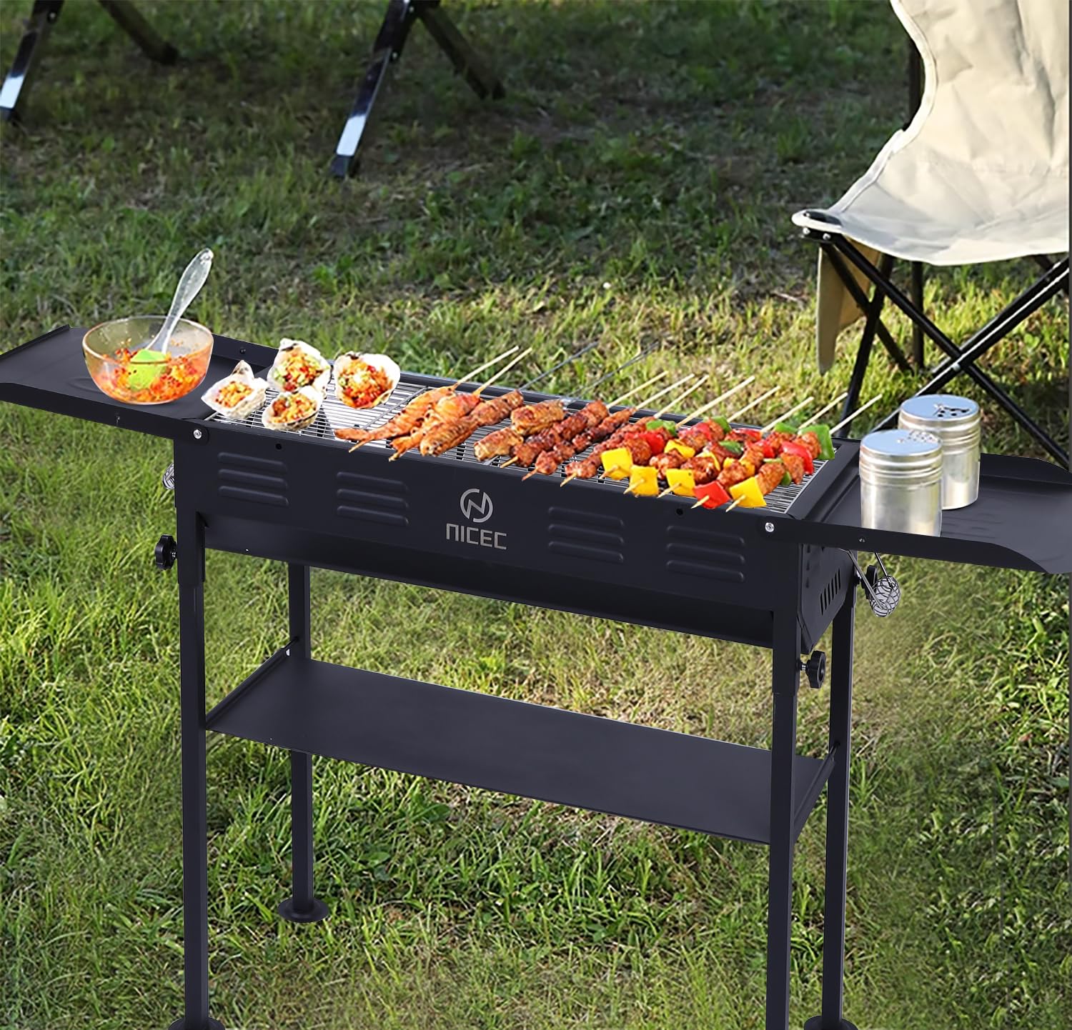 Portable Charcoal Grill for Camping - Folding BBQ Grill with Side Table, Storage Shelf & Carry Bag - Stainless Steel Hibachi Skewer Grill for Outdoor Cooking, Picnics, Backyard & Tailgating (Black)