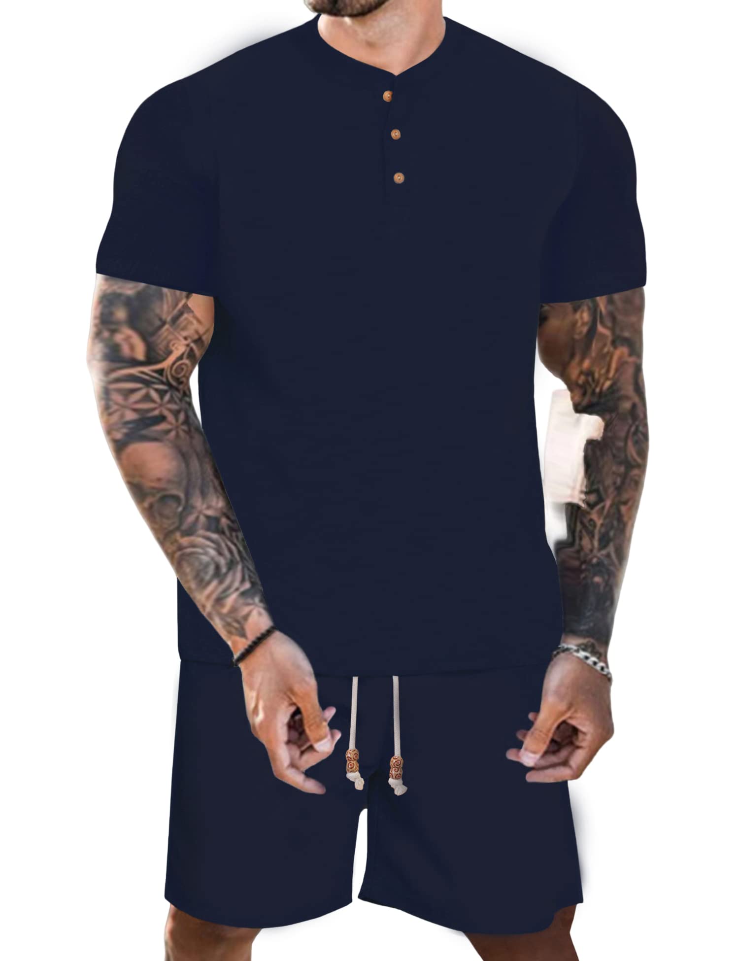OYOZONE Men's Summer 2-Piece Short Sets - Breathable Waffle Henley Shirt & Drawstring Shorts - Casual Athletic Outfit for Gym, Running, Beach & Lounge Wear