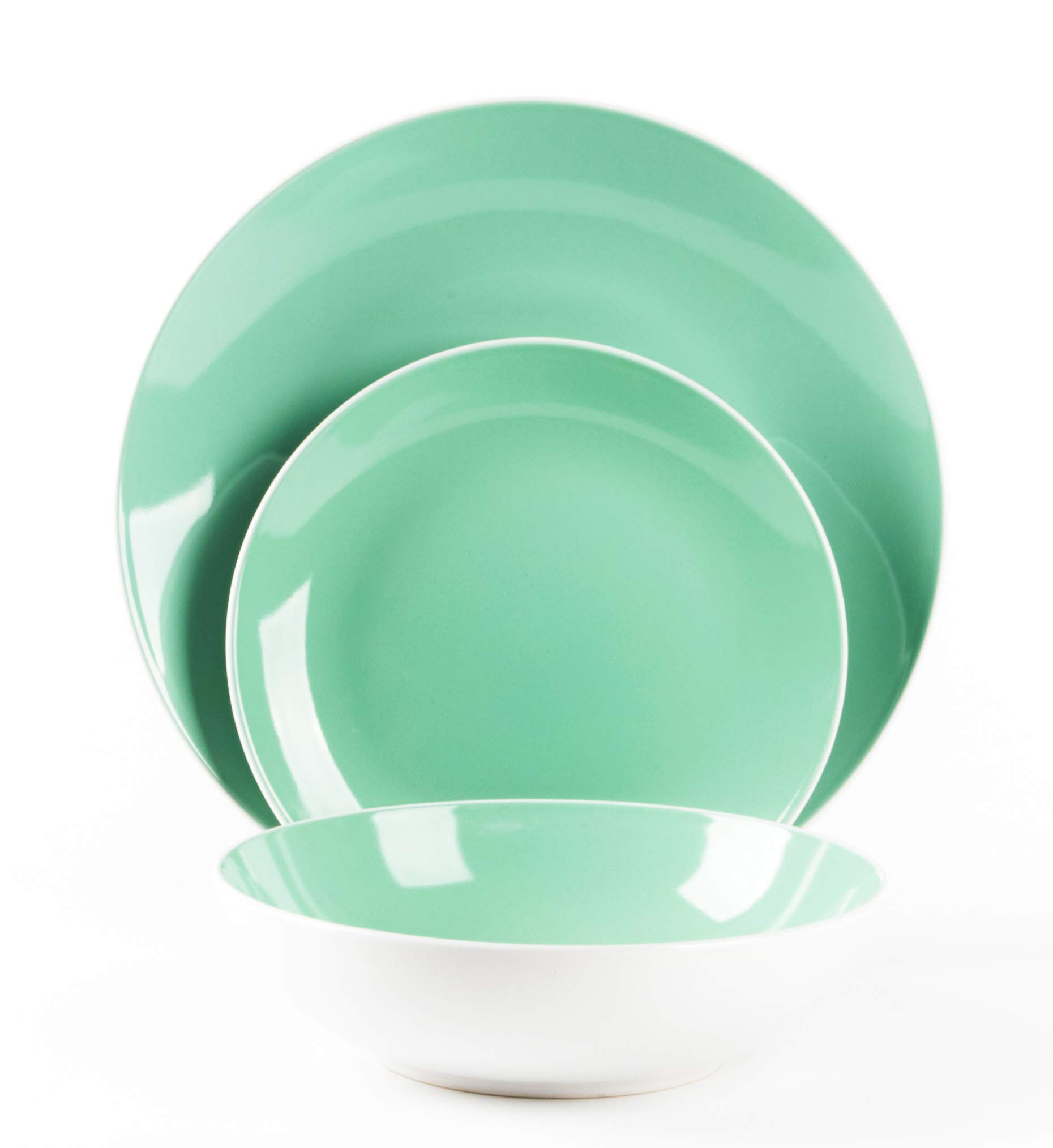 12-Piece Stoneware Coupe Dinnerware Set - White Exterior & Teal Interior | Elegant Tableware for Everyday Dining, Dinner Parties & Home Decor