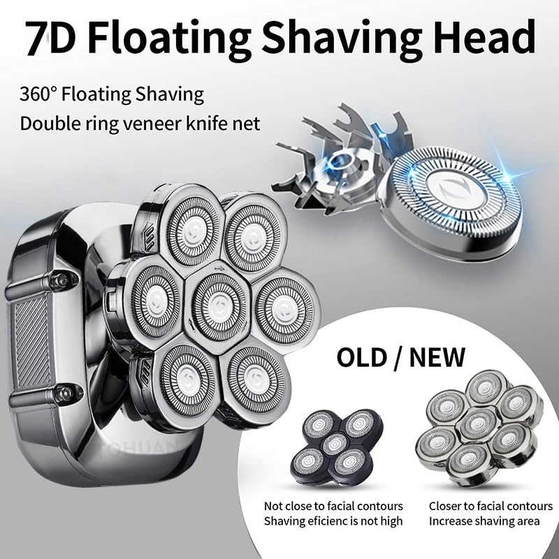 6-in-1 7D Electric Shaver for Bald Men - Waterproof Wet/Dry Head & Beard Trimmer with LED Display - Complete Grooming Kit for Smooth Shaving at Home, Gym or Travel