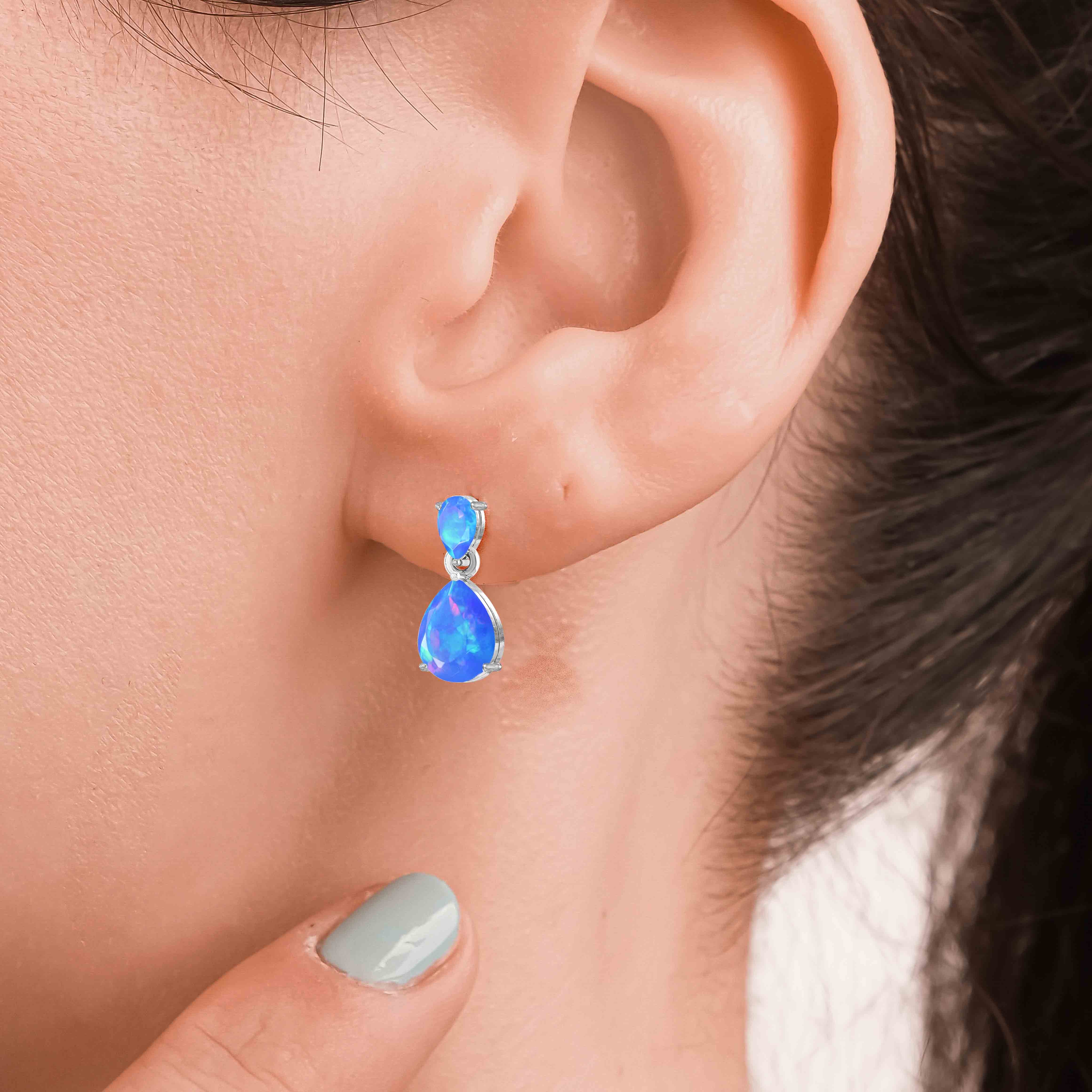 Blue Dual Opal Pear Drop Stud Earrings – Elegant Dangle Earrings for Women, Perfect for Parties, Weddings & Everyday Wear