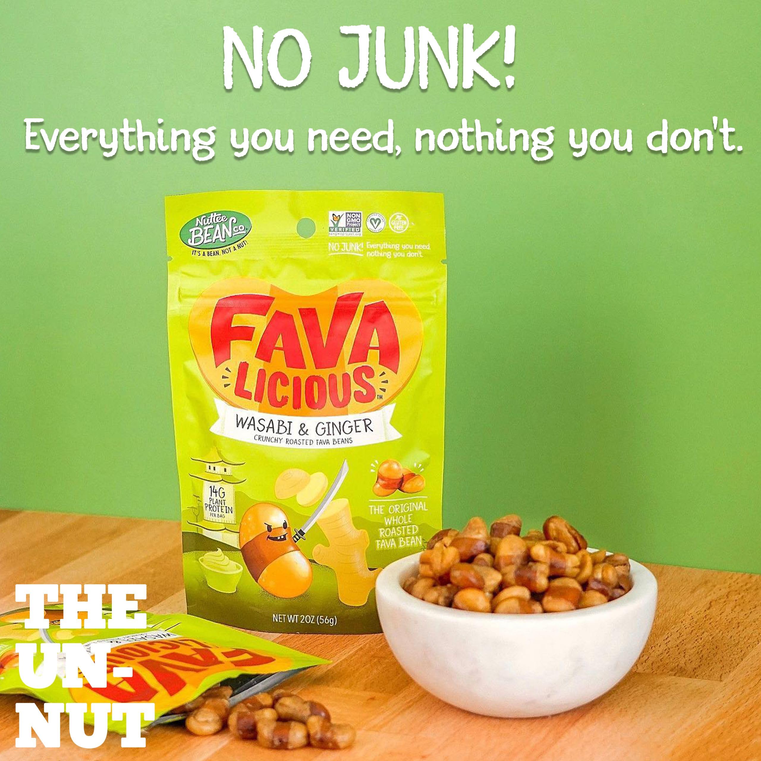 Nuttee Bean Favalicious Roasted Fava Bean Snacks - Vegan, Gluten-Free, Plant-Based Healthy Snacks for Adults & Kids - Wasabi & Ginger Flavor - 2 Oz (Pack of 12) - Perfect for Office, School, Travel & Movie Night Snacking