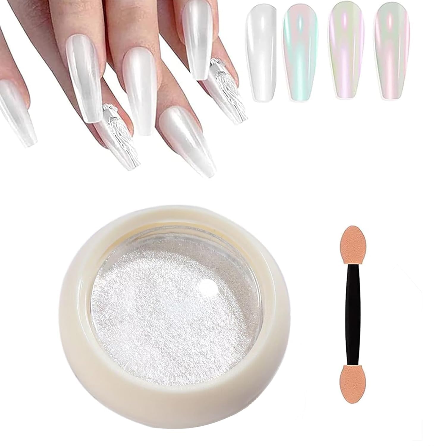 RUBYFACE White Pearl Chrome Nail Powder - Holographic Glitter Manicure Pigment with Aurora Moonlight Effect | Professional Nail Art Tools Included | Perfect for Salon, Home Manicure & Special Occasions