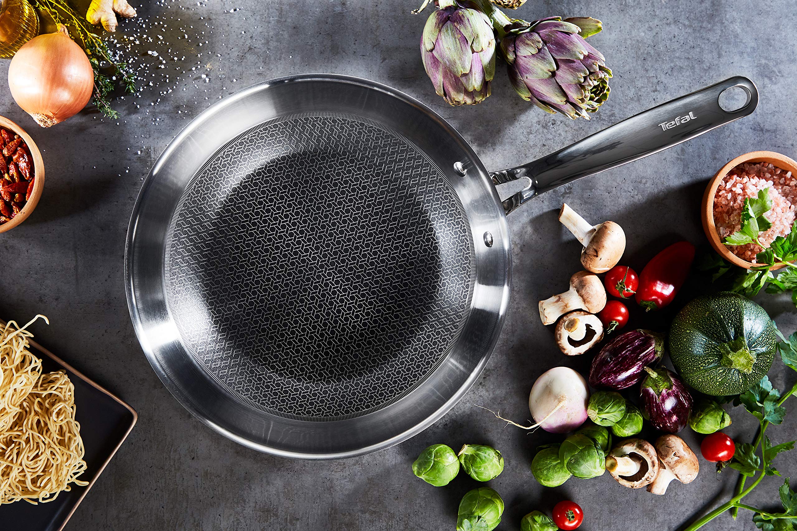 Tefal E49716 Eternal Mesh Non-Stick Wok Pan - 12.5 Inch Stir Fry Pan for Asian Cooking, Sauteing & Deep Frying - Induction Compatible Cookware