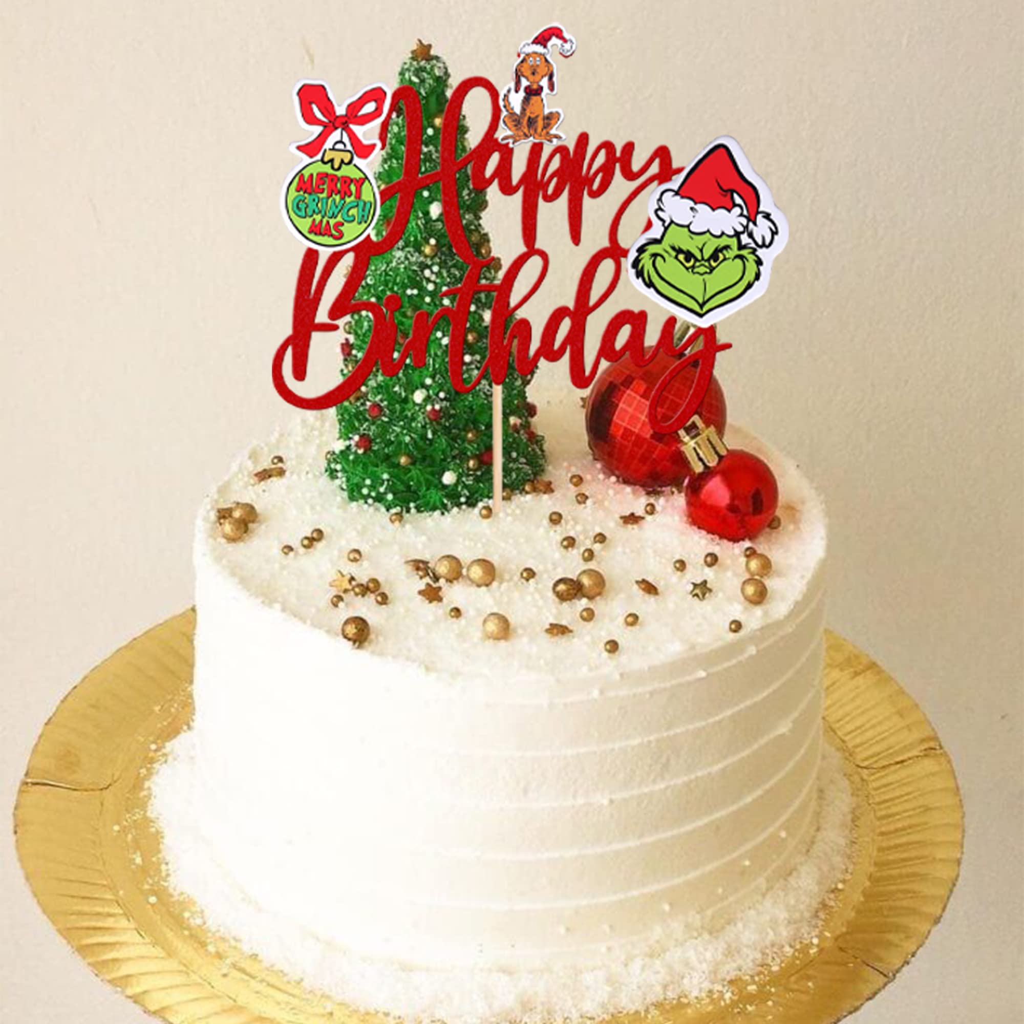 1 PCS Green Monster Happy Birthday Cake Topper with Red Glitter - Christmas Dog Cake Decor for Holiday Parties, Baby Showers & Kids Birthday Celebrations - Perfect for Christmas Theme Cakes and Festive Dessert Decorations
