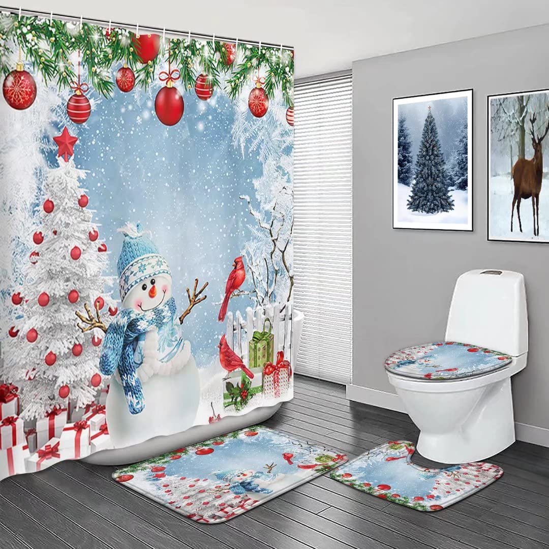 Waterproof Christmas Snowman Shower Curtain Set with Non-Slip Bath Rugs, Toilet Lid Cover & Bath Mat - Holiday Bathroom Decor Accessories for Festive Home Decor