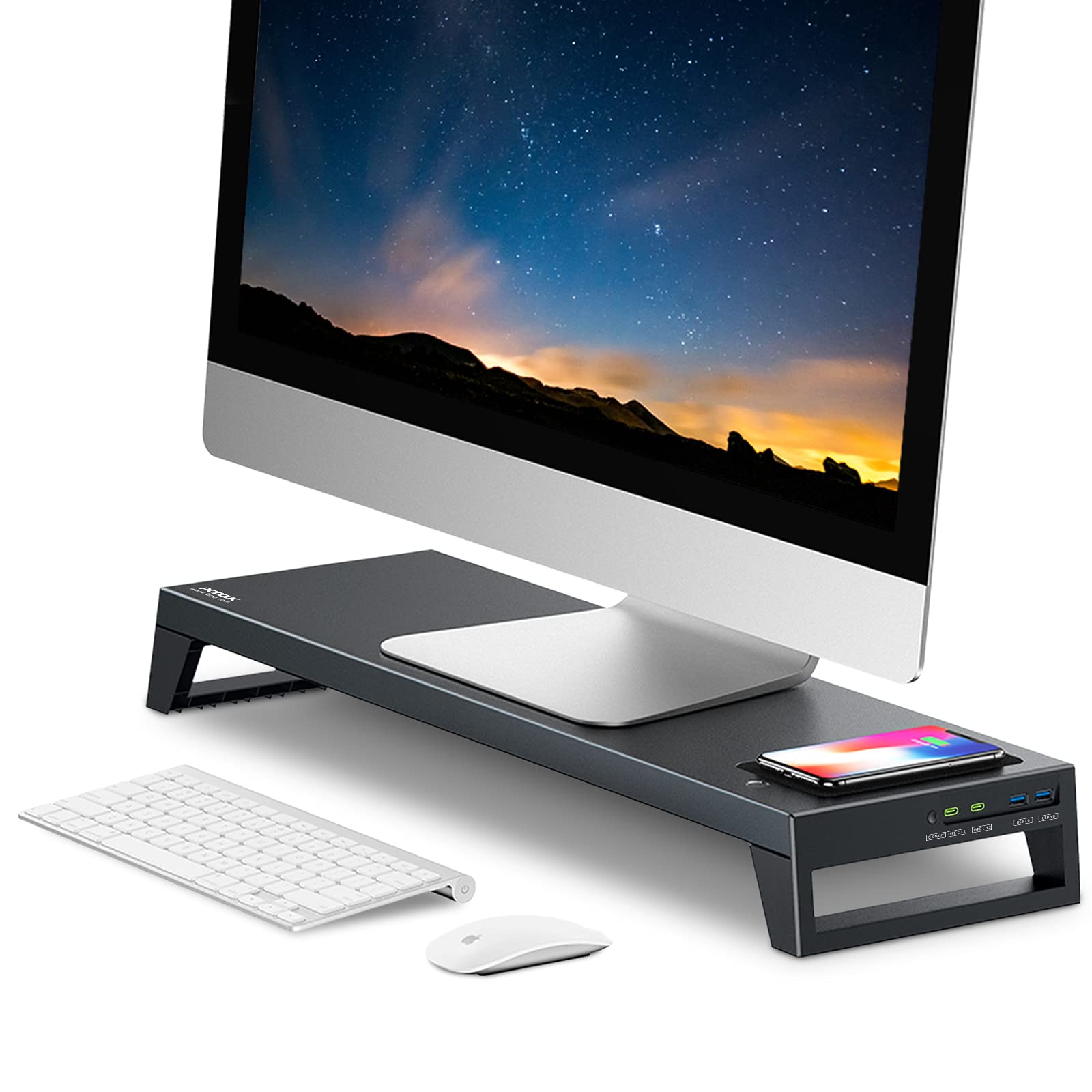 Premium Monitor Stand with Wireless Charging, USB-C Hub, Fingerprint ID & WiFi Hotspot - Ergonomic Desktop Riser for Windows PC, Home Office & Gaming Setup