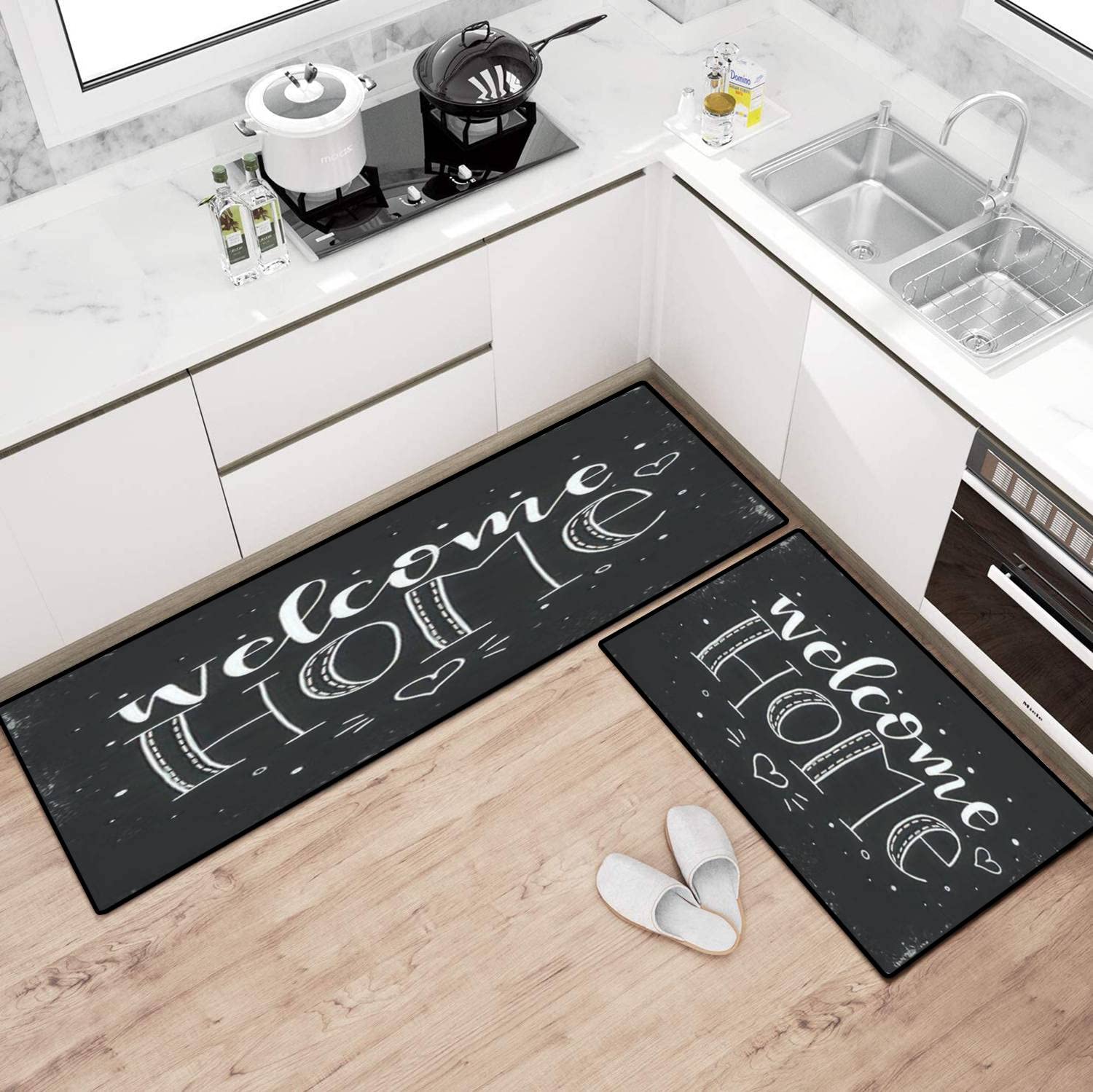 Non-Slip Washable Kitchen Rugs Set with Hand Drawn Typography - Welcome Home Floor Mat, Kitchen Runner, Doormat & Bath Rug for Comfortable Standing - Perfect for Home Decor, Entryway & High-Traffic Areas