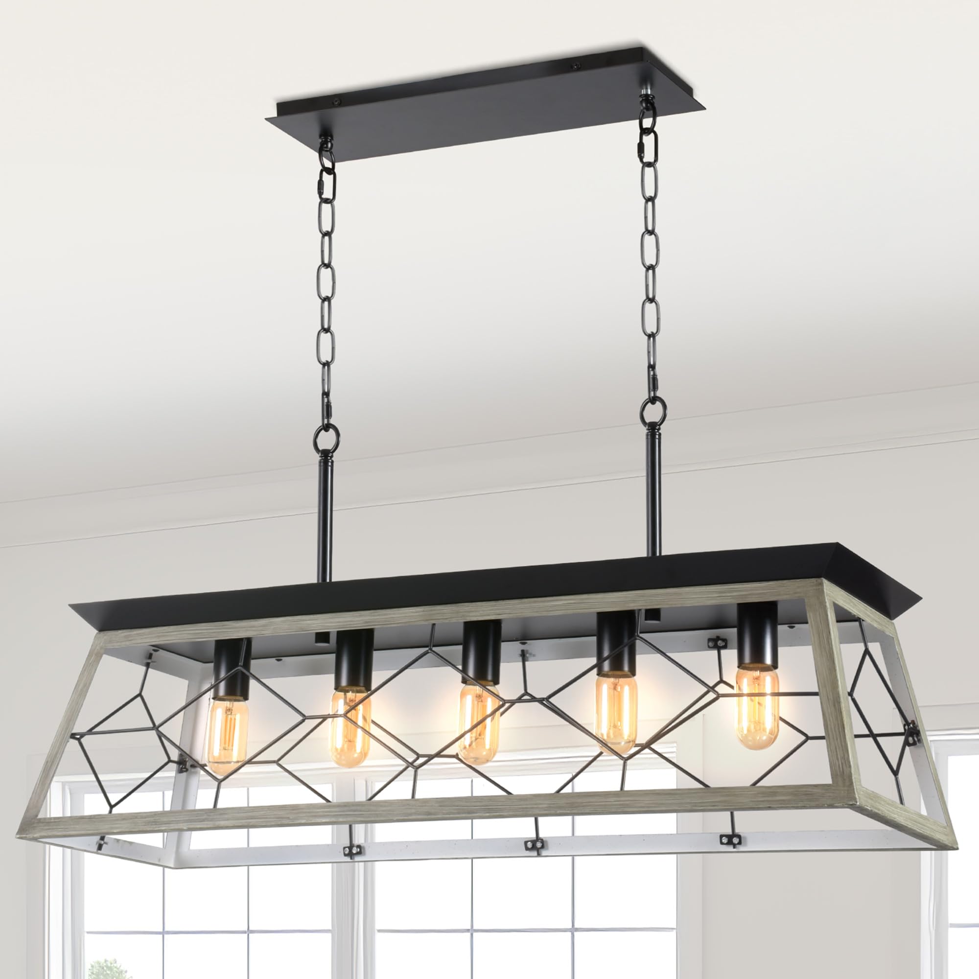 YITAHOME Adjustable 5-Light Farmhouse Rustic Chandelier - Rectangular Island Pendant Lighting Fixture for Dining Room, Kitchen, Living Room & Entryway - UL Listed Oak Wood Ceiling Light - Perfect for Country Style Home Decor & Open Concept Spaces