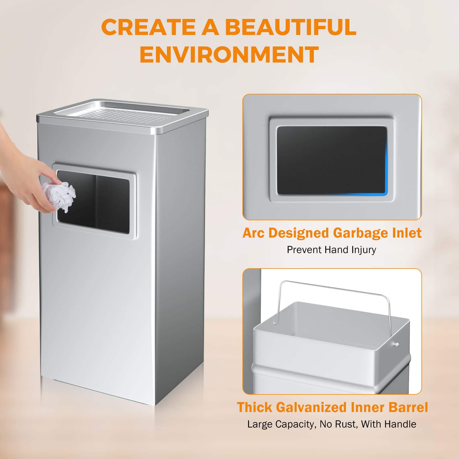 BEAMNOVA Stainless Steel Trash Can with Lid - 31x25x61cm Indoor Outdoor Commercial Garbage Bin for Kitchen, Office, Restaurant & Industrial Use - Durable Metal Waste Container (Metallic Color)