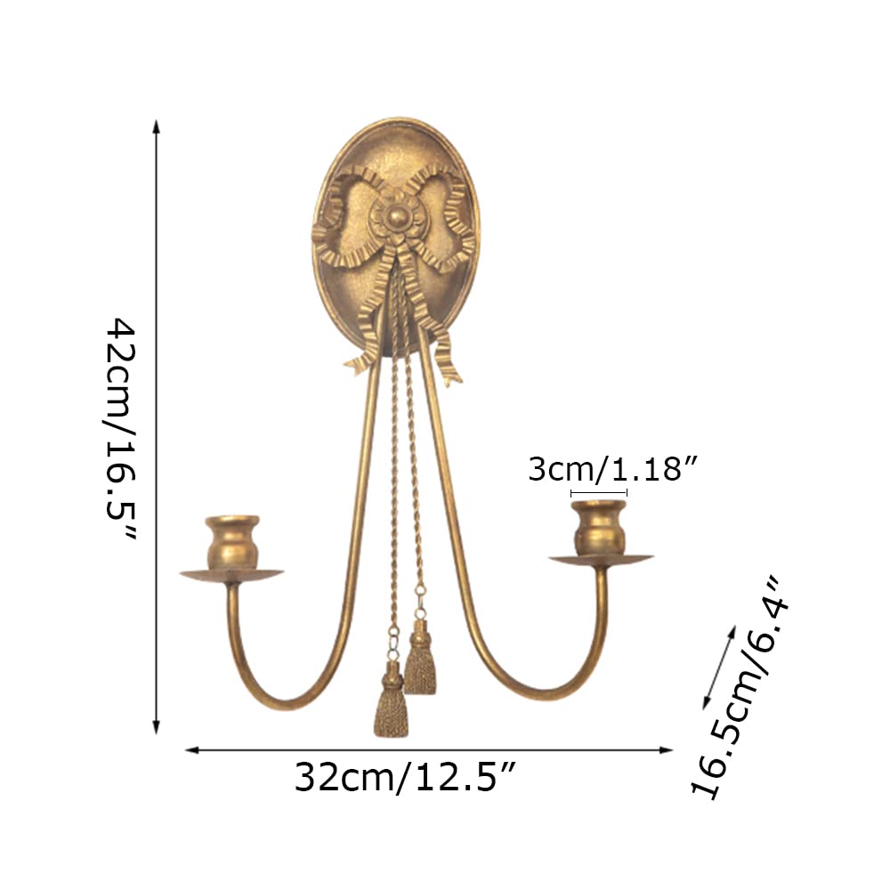 Romantic Gold Wall Mounted Candle Sconces with Bow Pendant - 2 Arm Metal Candle Holders for Living Room, Fireplace, Yard & Pathway Decor - Perfect for Wedding, Dining Room & Outdoor Lighting Ambiance