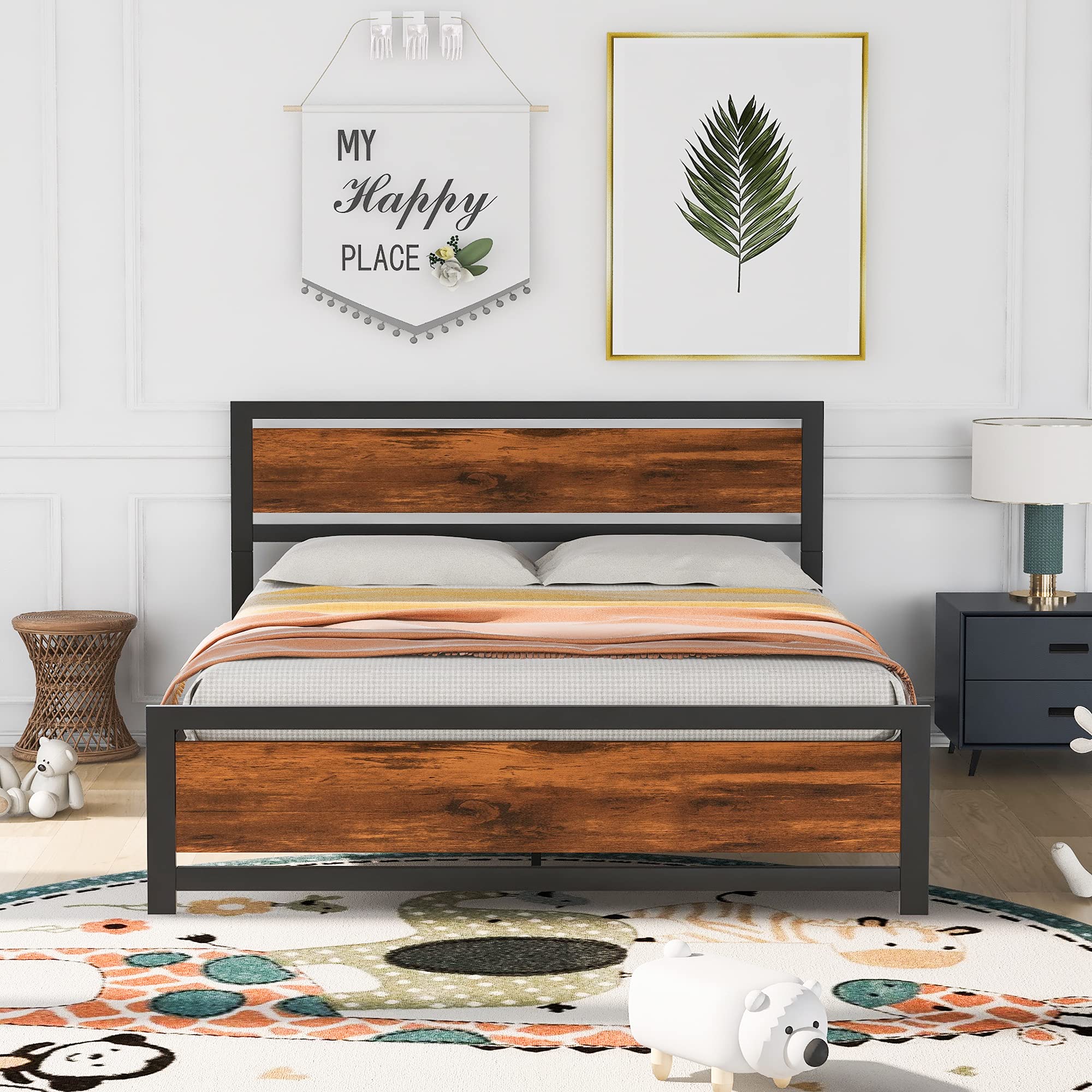 Queen Size Metal Bed Frame with Storage - Sturdy Platform Bed with Headboard & Footboard, 14.7