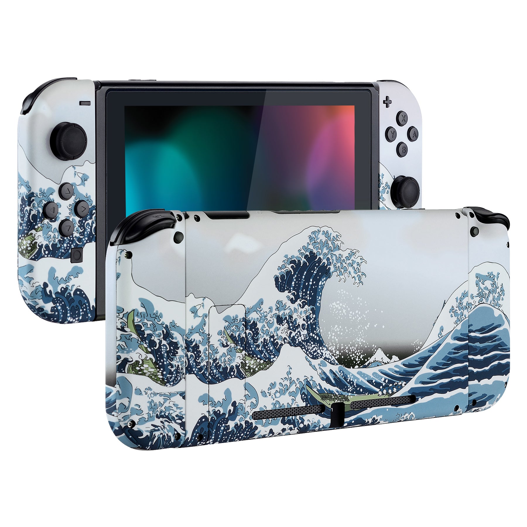 eXtremeRate Soft Touch Grip The Great Wave Back Plate for Nintendo Switch - DIY Replacement Shell with Full Button Set - Upgrade Your Joycon Controller Housing - Perfect for Gaming, Travel & Home Entertainment