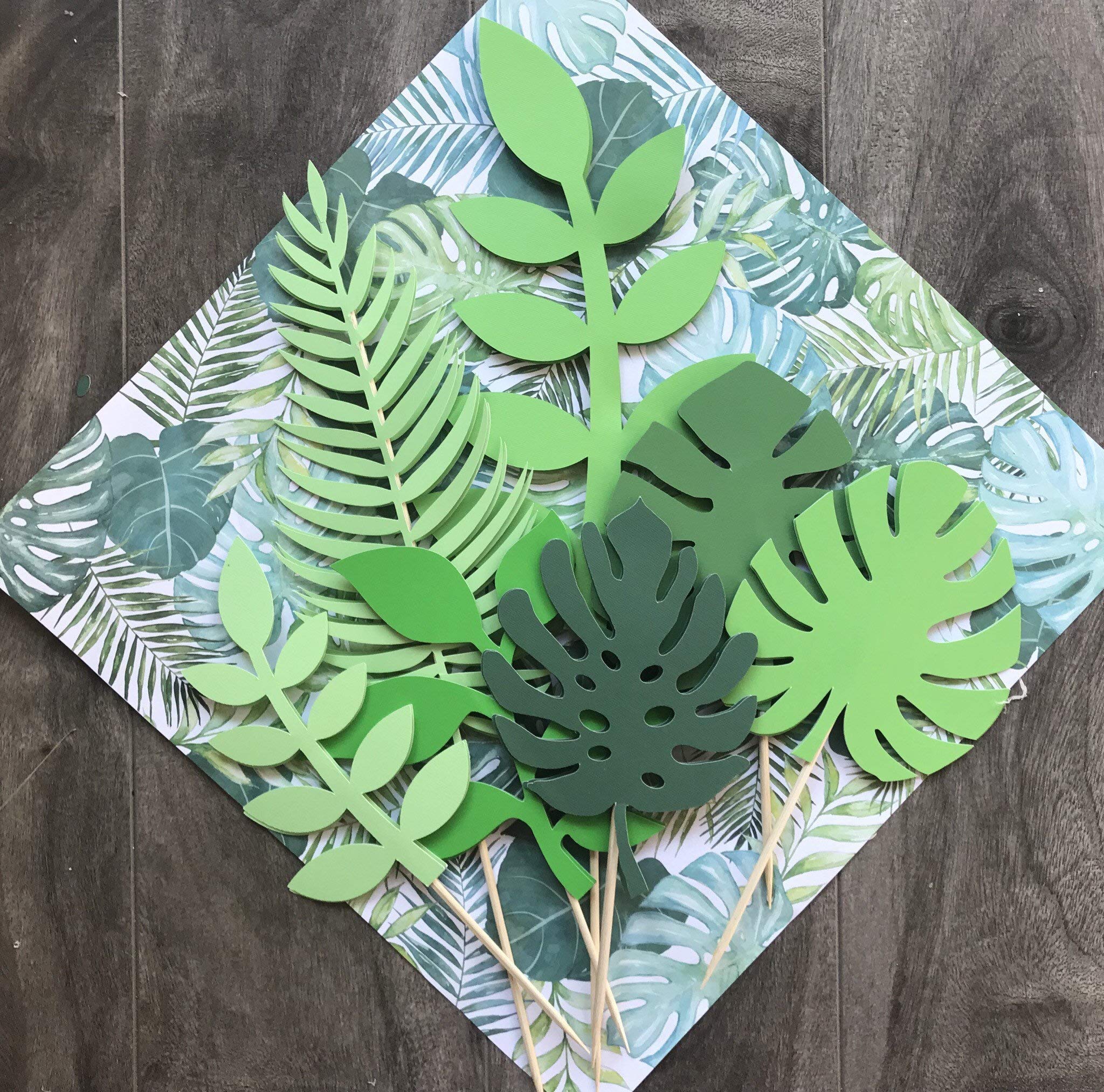 LaVenty Set of 7 Glittery Tropical Leaves Cake Toppers - Elegant Palm Leaf Wedding Cake Decorations for Tropical Theme Parties, Bridal Showers & Birthday Cakes